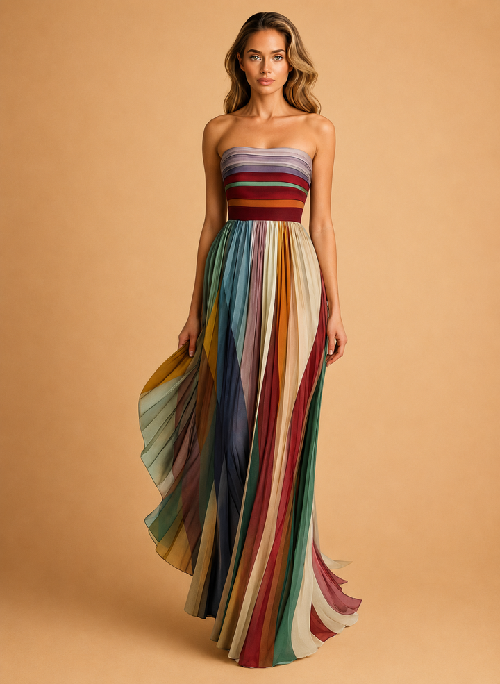 Judith™ | Women's Strapless Colorful Pleated Summer Maxi Dress Strapless
