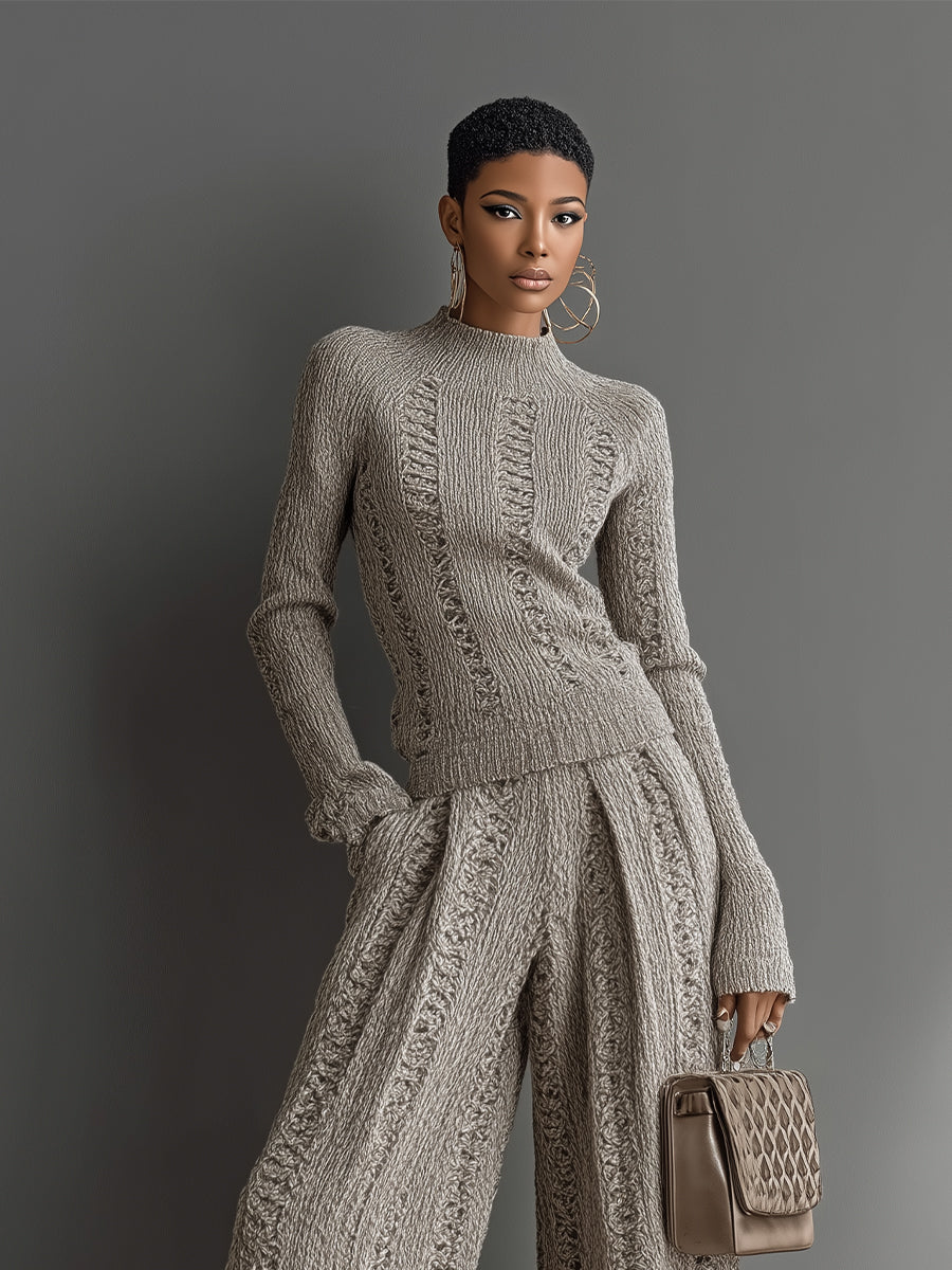 Women's Taupe Elegant Sweater & Wide - Leg Pants Set knit