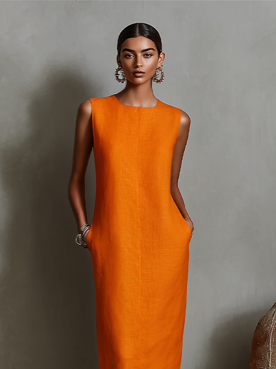 Women's Orange Dress With Sleeveless Round Neck & Side Pockets, Timeless Minimalist-Elegant Style Dress
