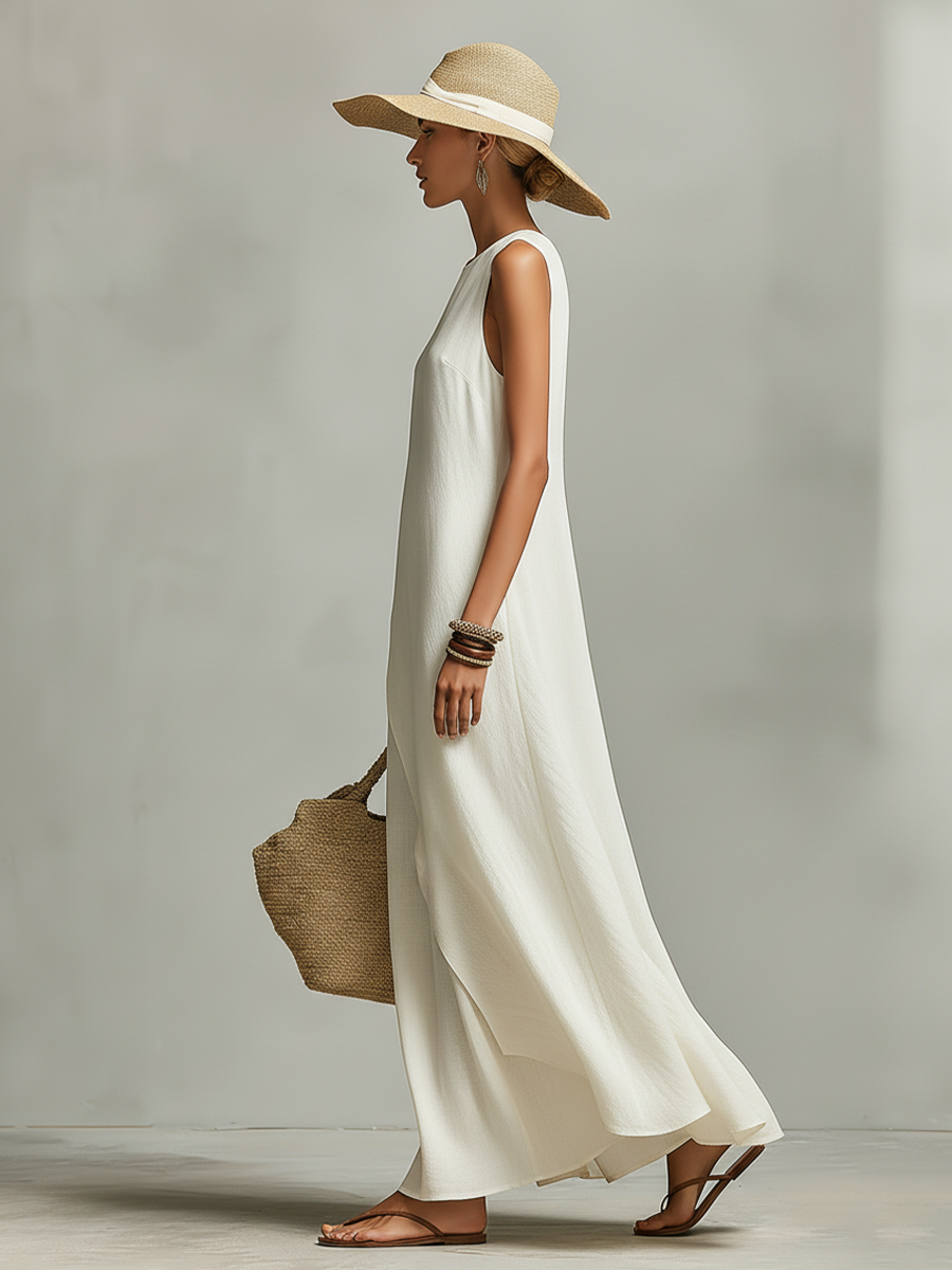 Women's Ivory Breathable Dress With Sleeveless Detail & Asymmetric Hem