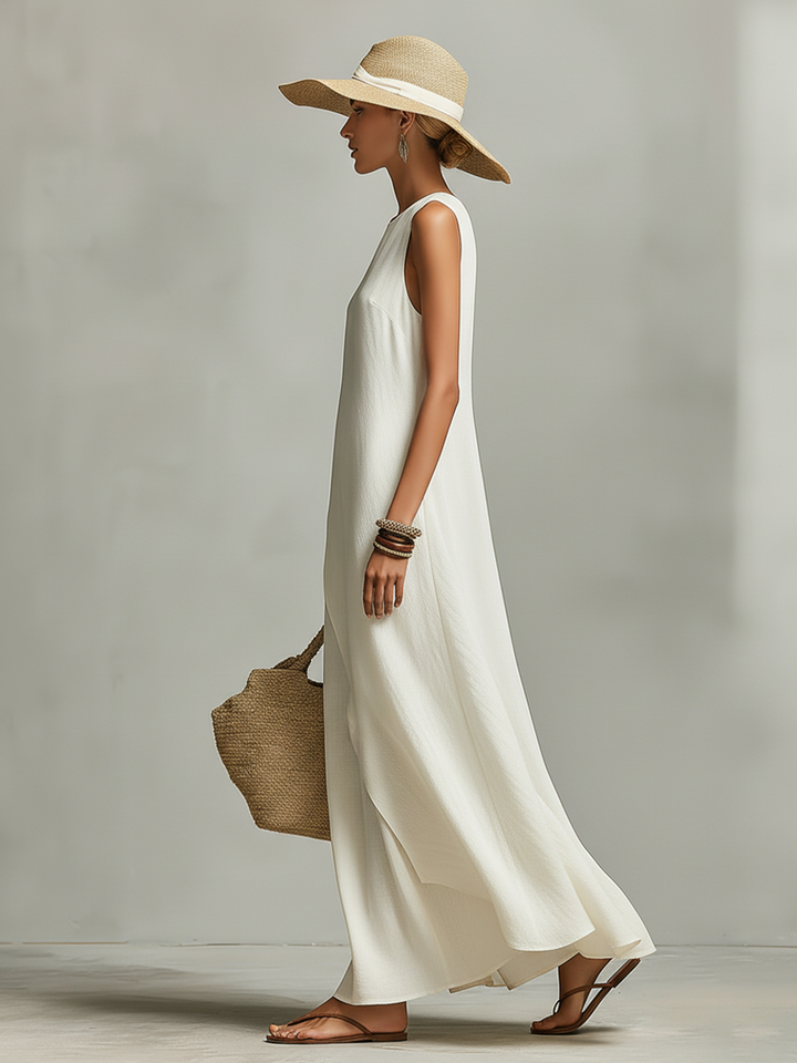 Women's Ivory Breathable Dress With Sleeveless Detail & Asymmetric Hem