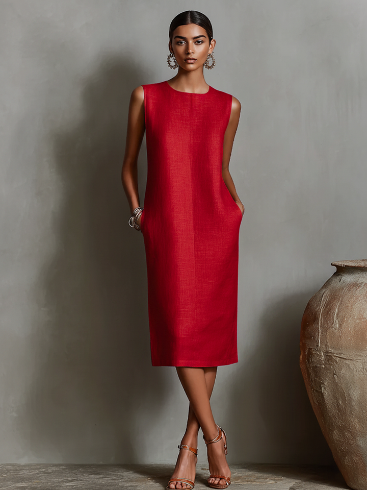 Women's Orange Dress With Sleeveless Round Neck & Side Pockets, Timeless Minimalist-Elegant Style Dress