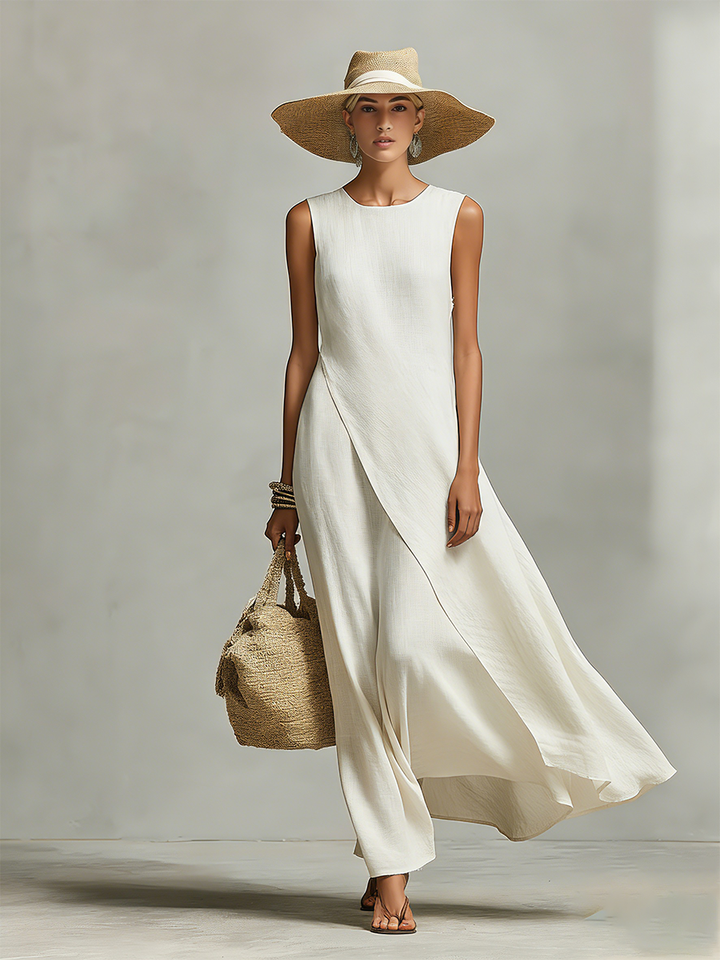 Women's Ivory Breathable Dress With Sleeveless Detail & Asymmetric Hem