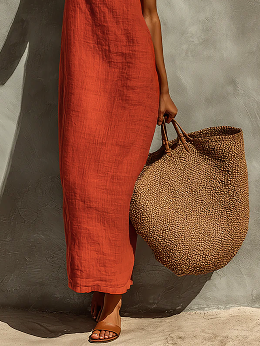 Women's Red Dress With Spaghetti Straps & Square Neck, Timeless Boho-Resort Style Dress