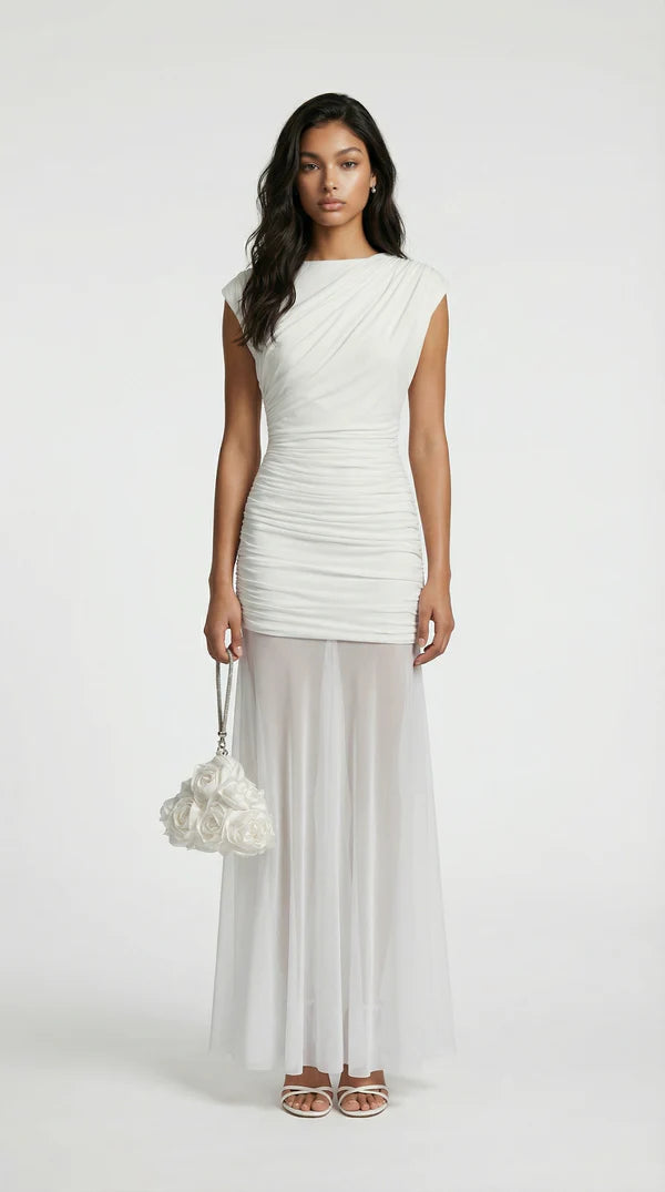 Clair - Minimalist Pleated Sculptural Long Dress Brown