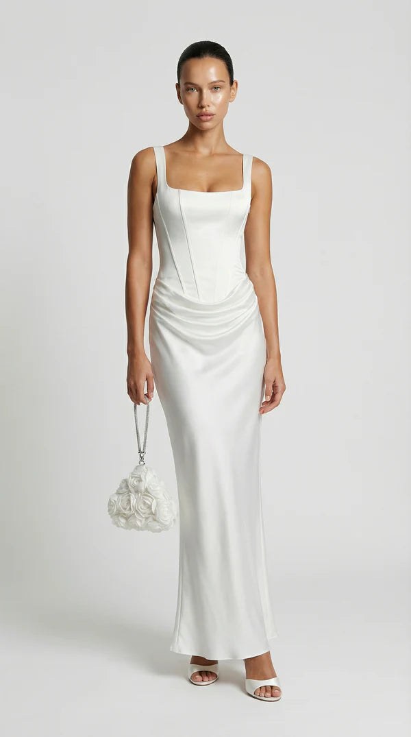 Aveline - Sculptural Fishbone Draped Maxi Dress Brown