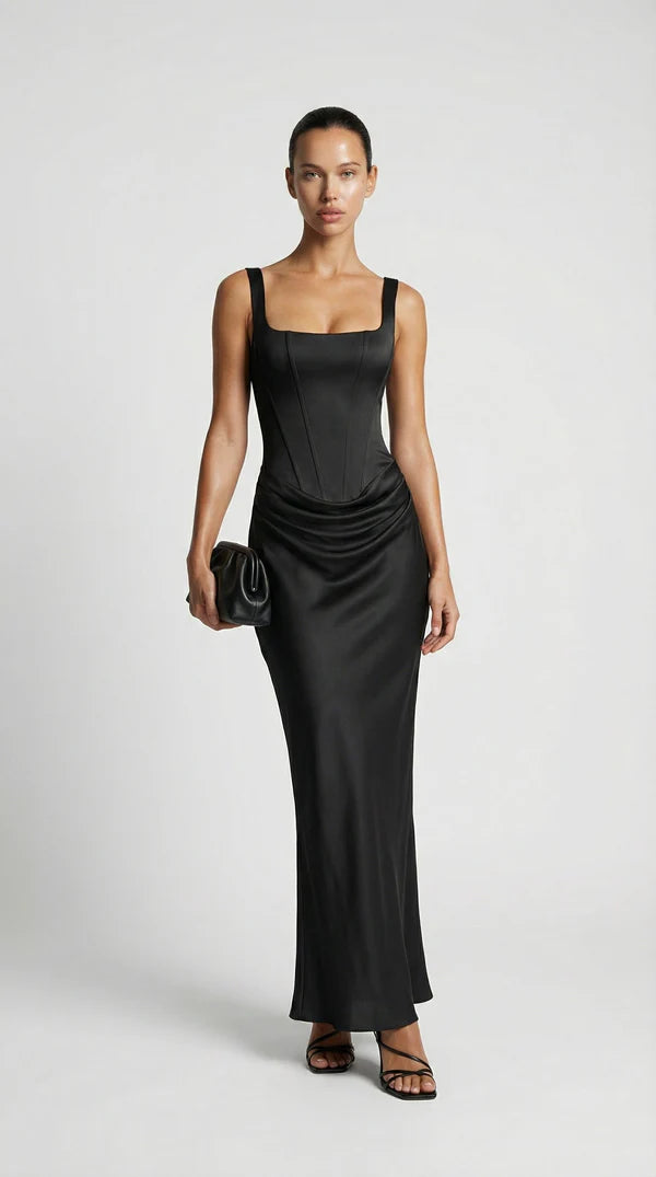 Aveline - Sculptural Fishbone Draped Maxi Dress Brown