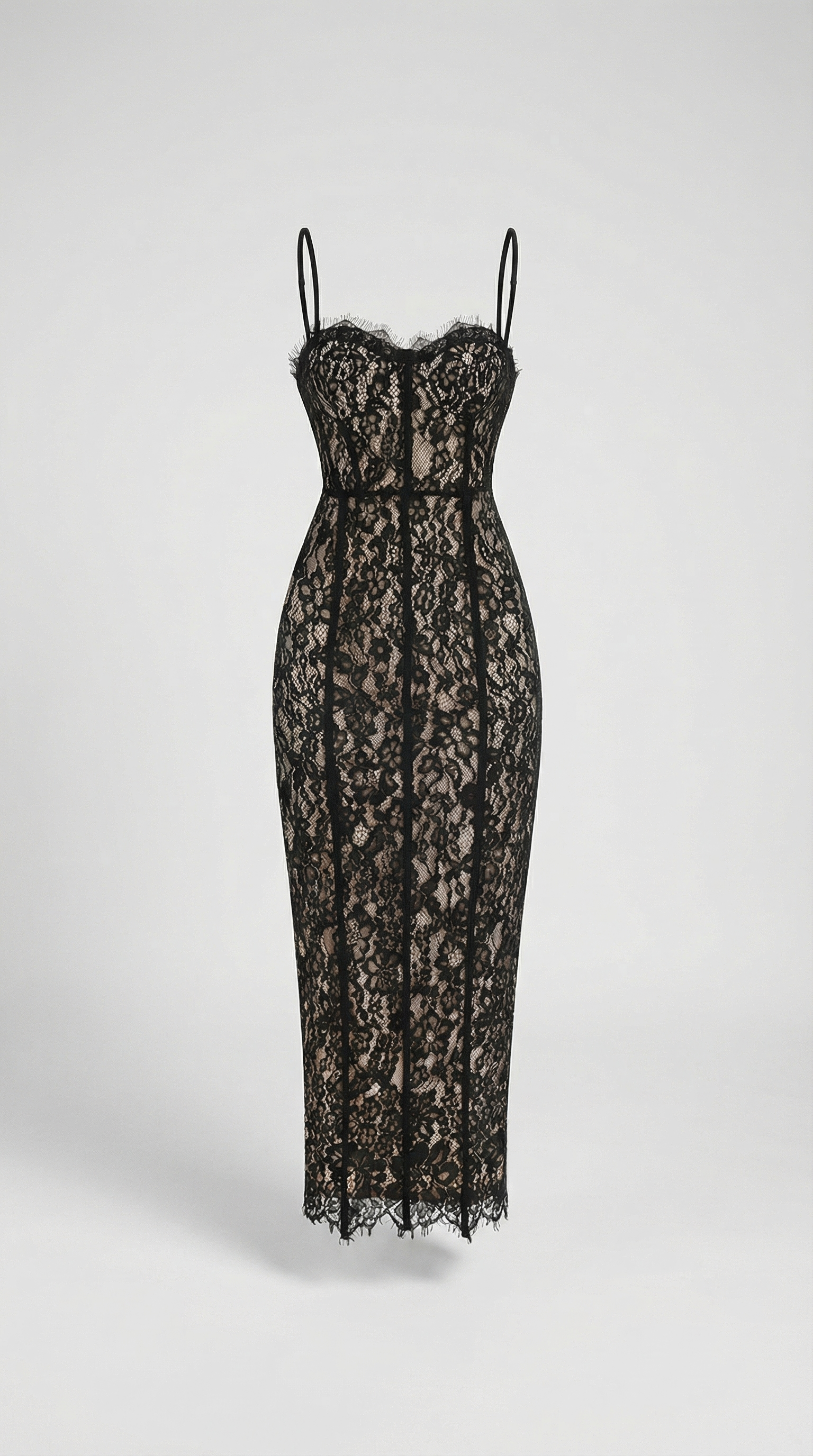 Lotri - Paneled Floral Lace Bustier Midi Dress Black