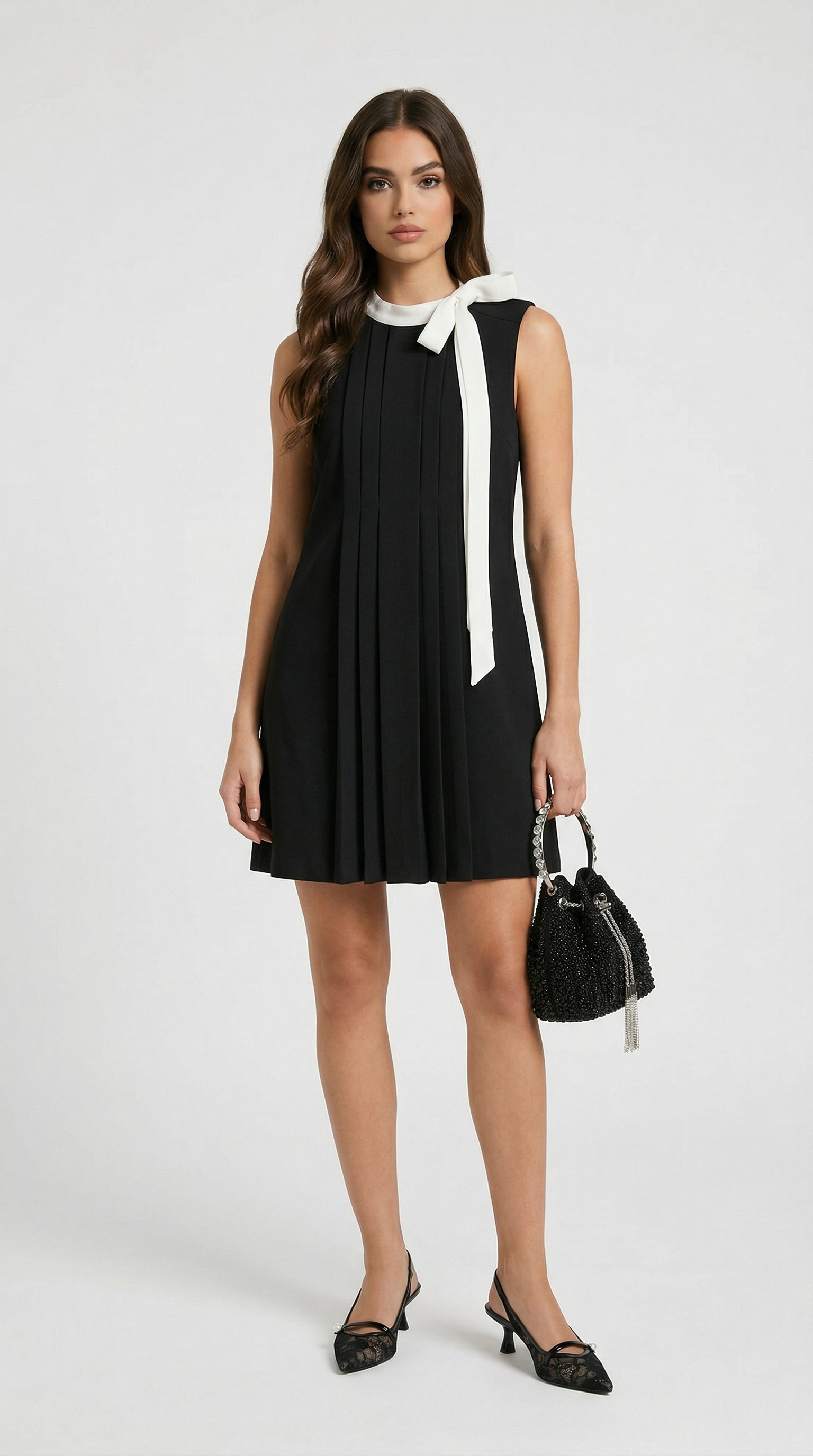 Kona - Pleated Bow-Neck Mini Dress