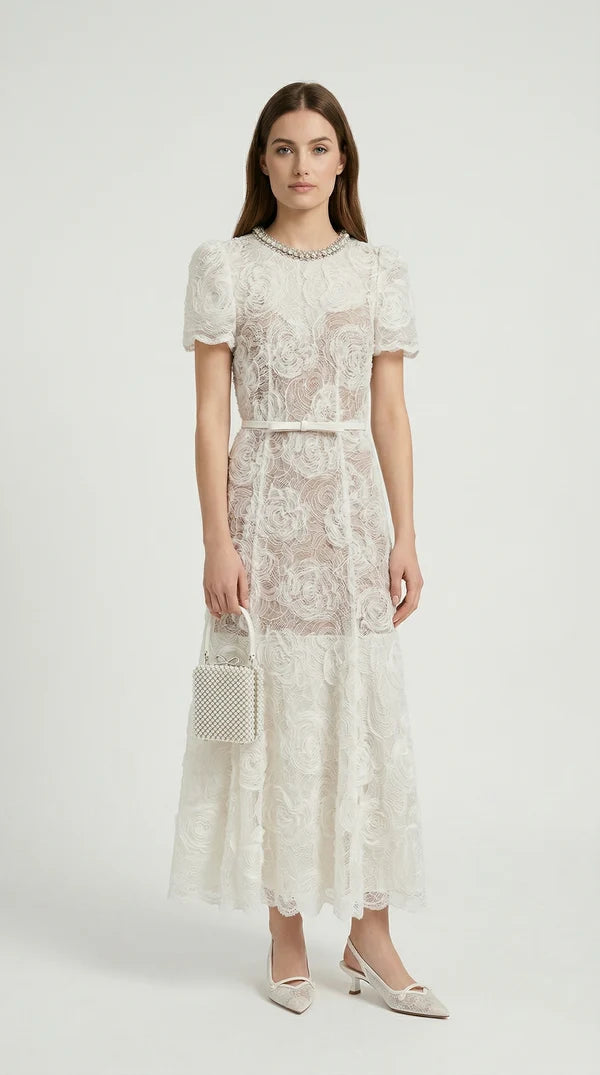Tula - Rose Lace Maxi Dress with Crystal Neckline Pink