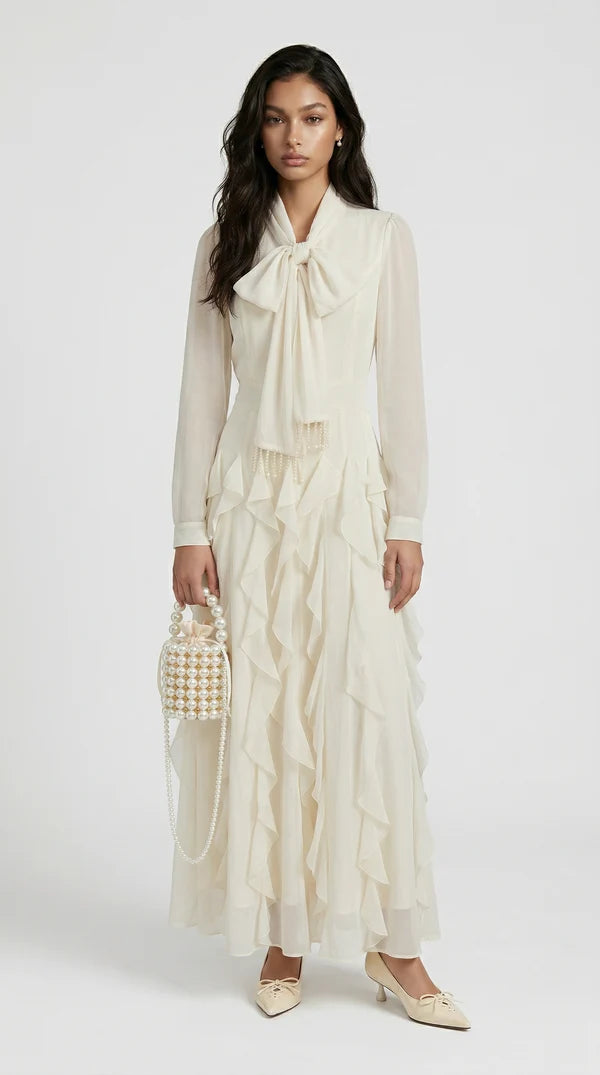 Zola - Tiered Ruffle Pussy-Bow Maxi Dress Brown