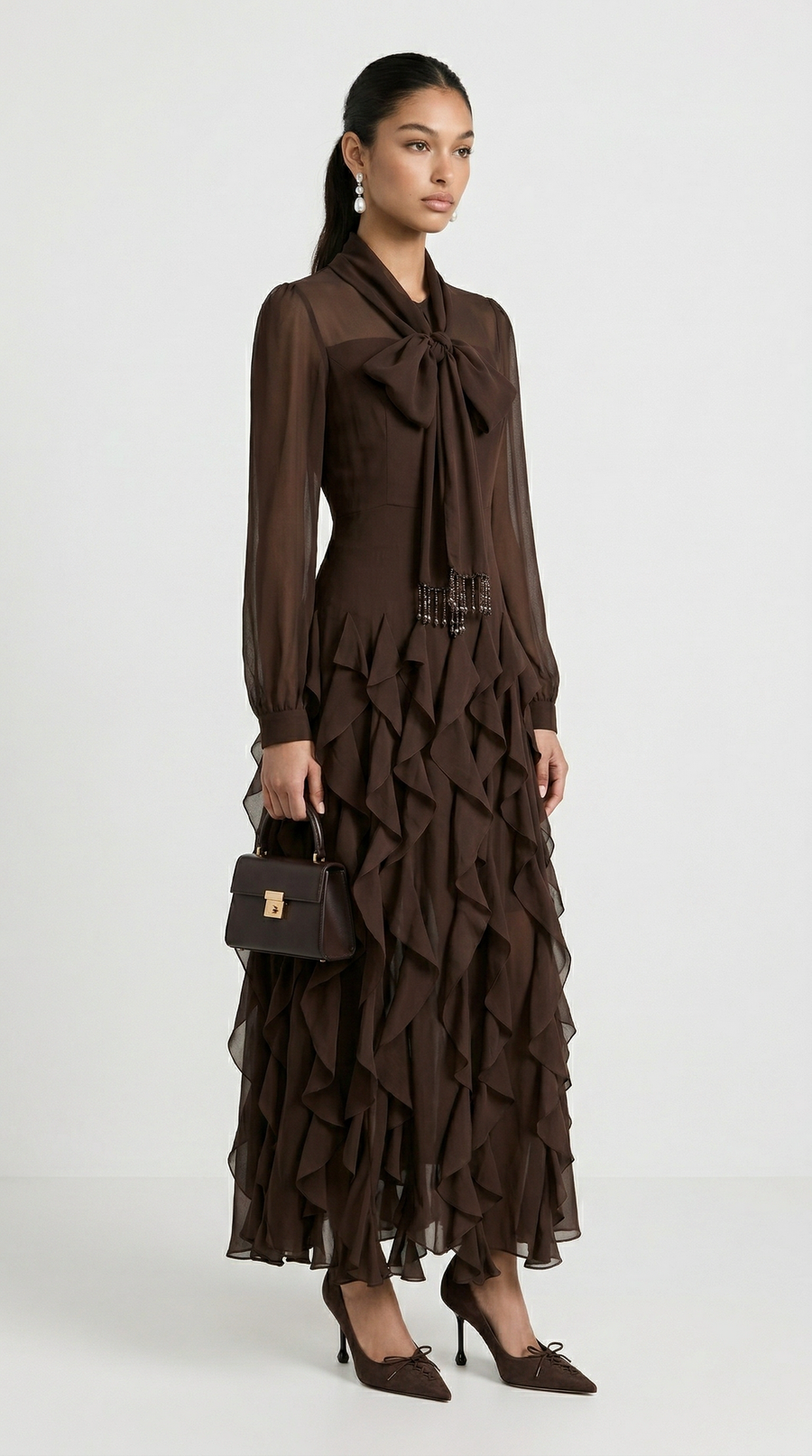Zola - Tiered Ruffle Pussy-Bow Maxi Dress Brown