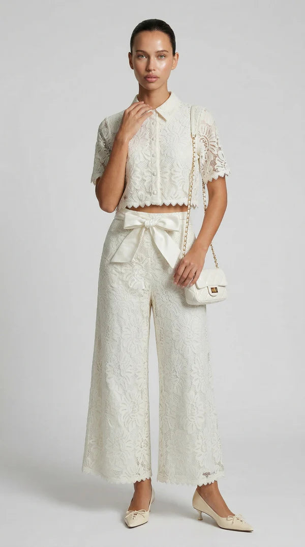 Senti - Cropped Lace Shirt & Wide-Leg Trouser Set Baby Blue