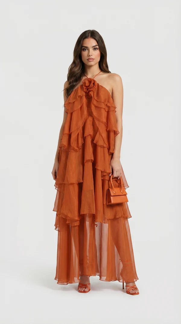 Zeli - Tiered Ruffle Halter Maxi Dress Baby Blue