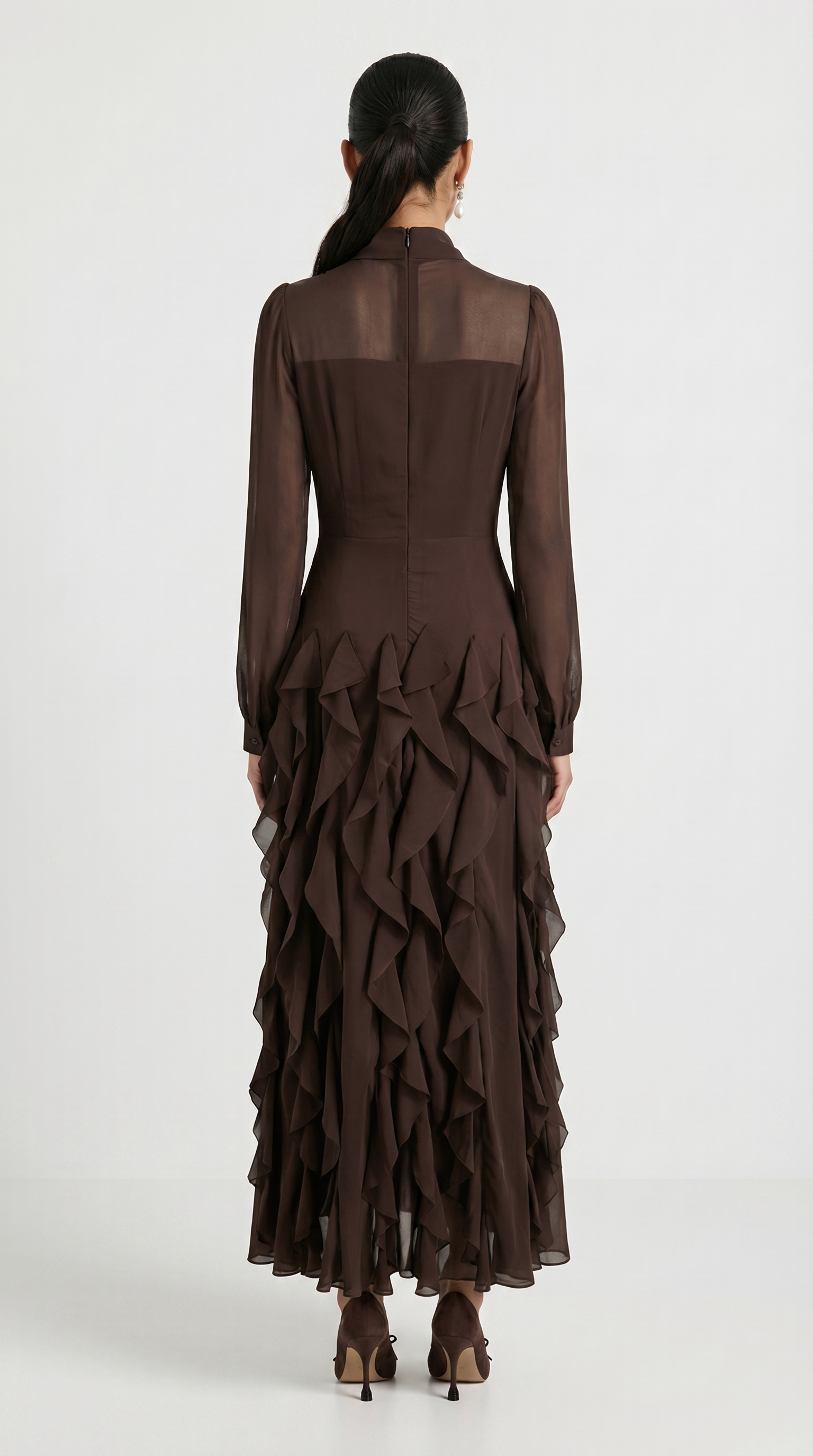 Zola - Tiered Ruffle Pussy-Bow Maxi Dress Brown