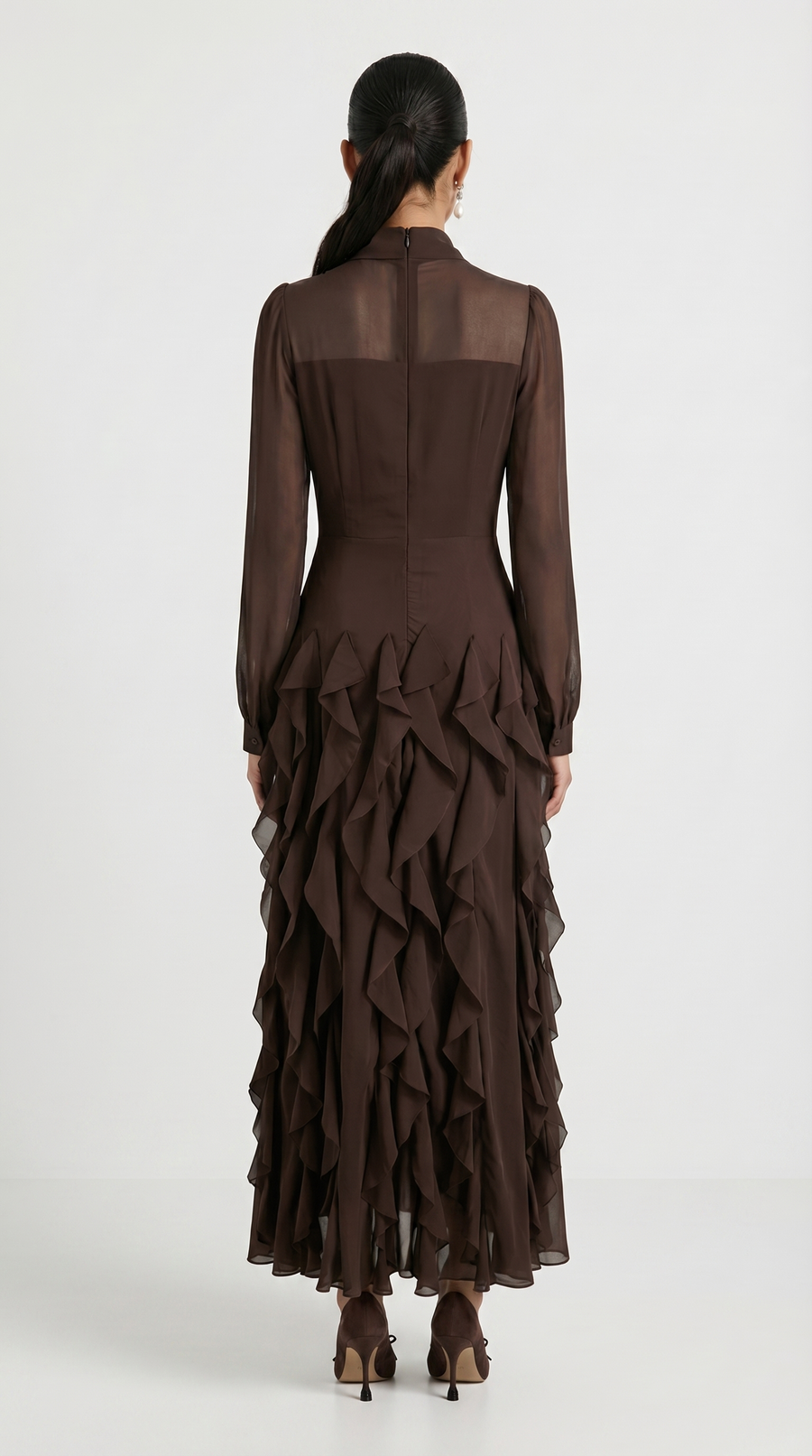 Zola - Tiered Ruffle Pussy-Bow Maxi Dress Brown