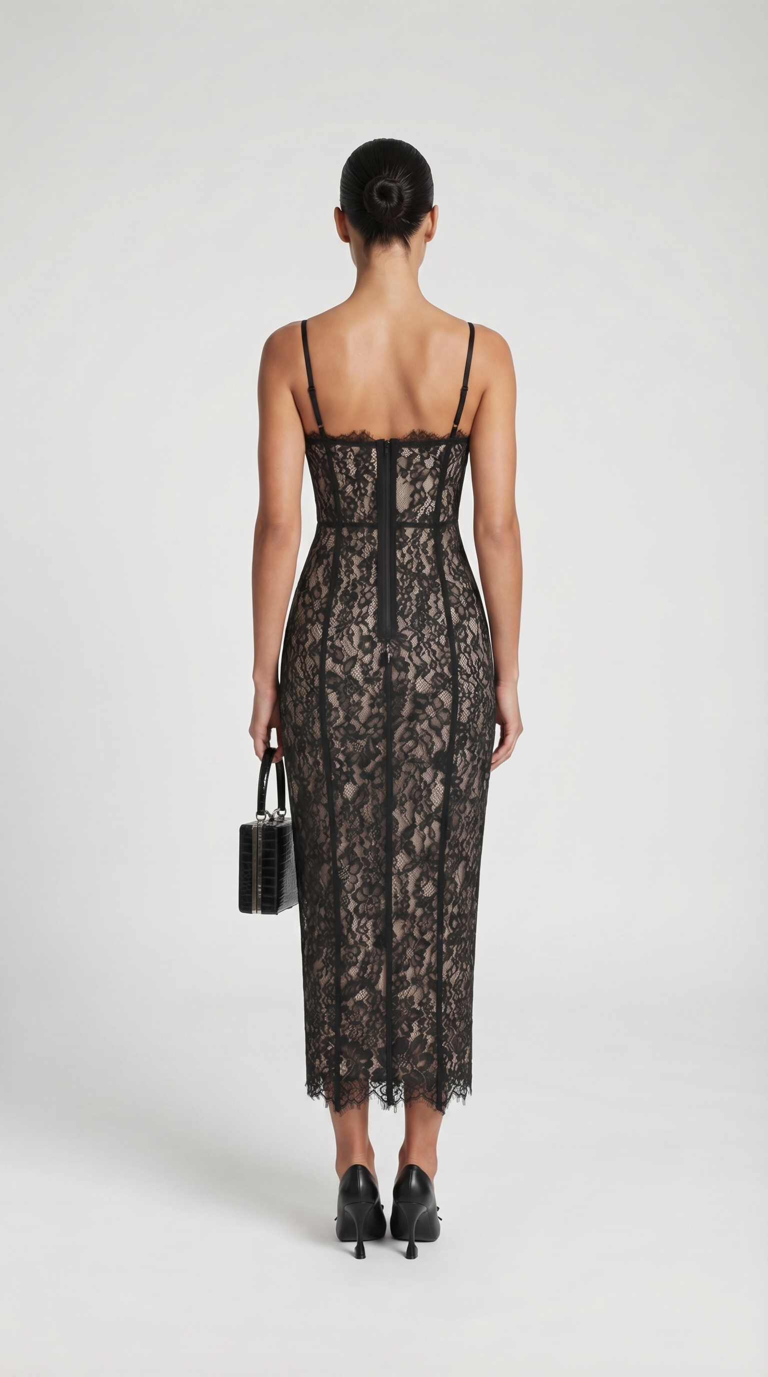 Lotri - Paneled Floral Lace Bustier Midi Dress Black