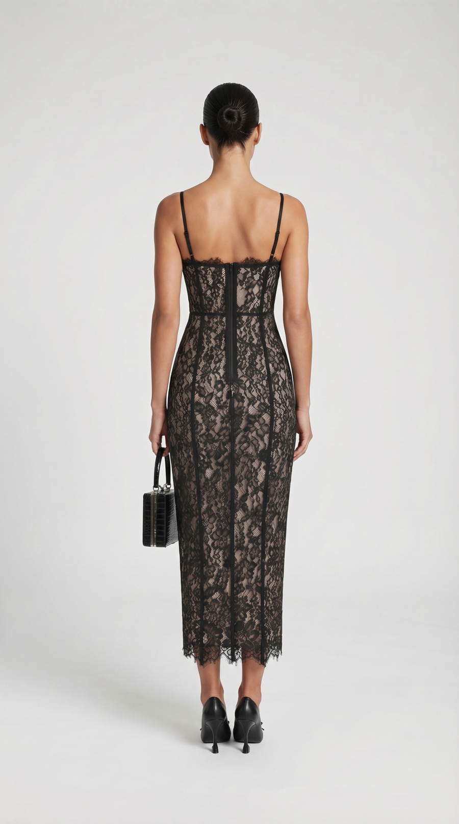 Lotri - Paneled Floral Lace Bustier Midi Dress Black