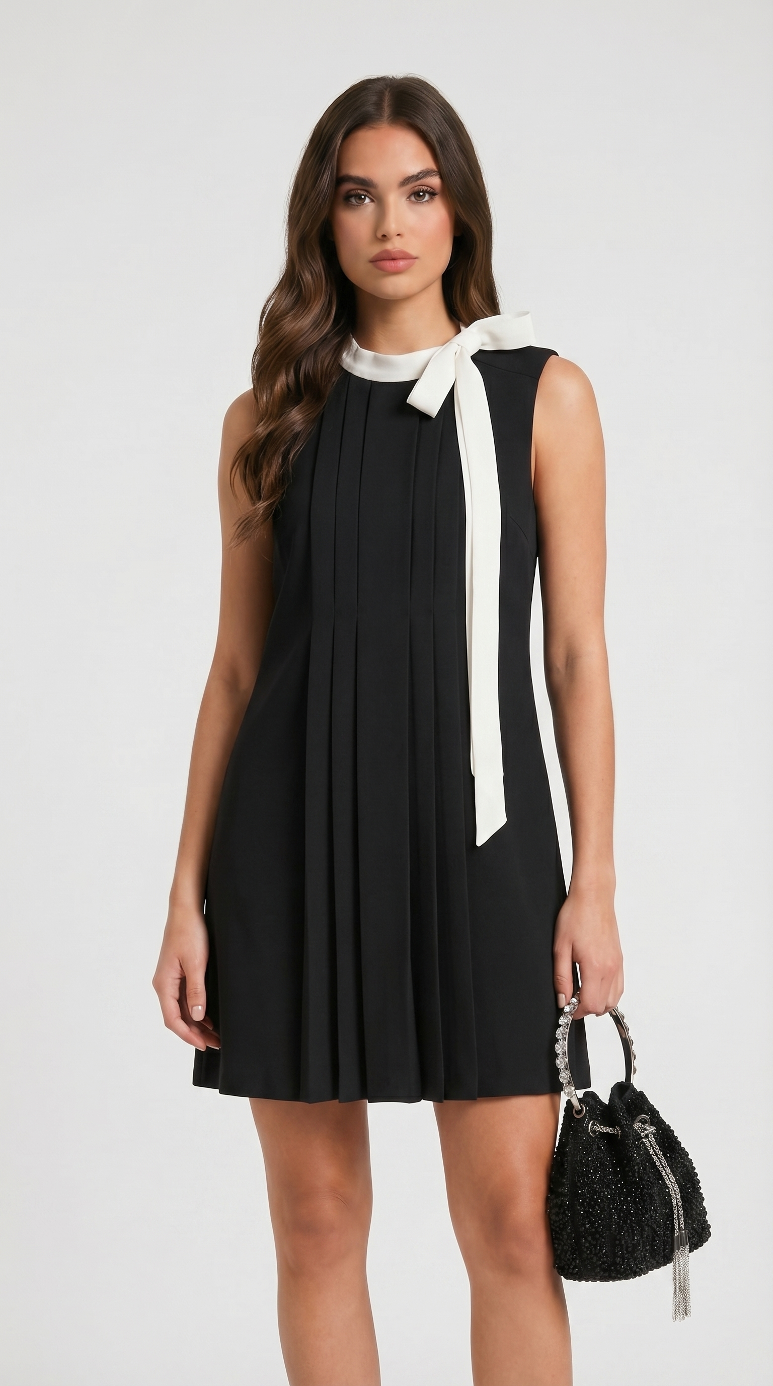 Kona - Pleated Bow-Neck Mini Dress