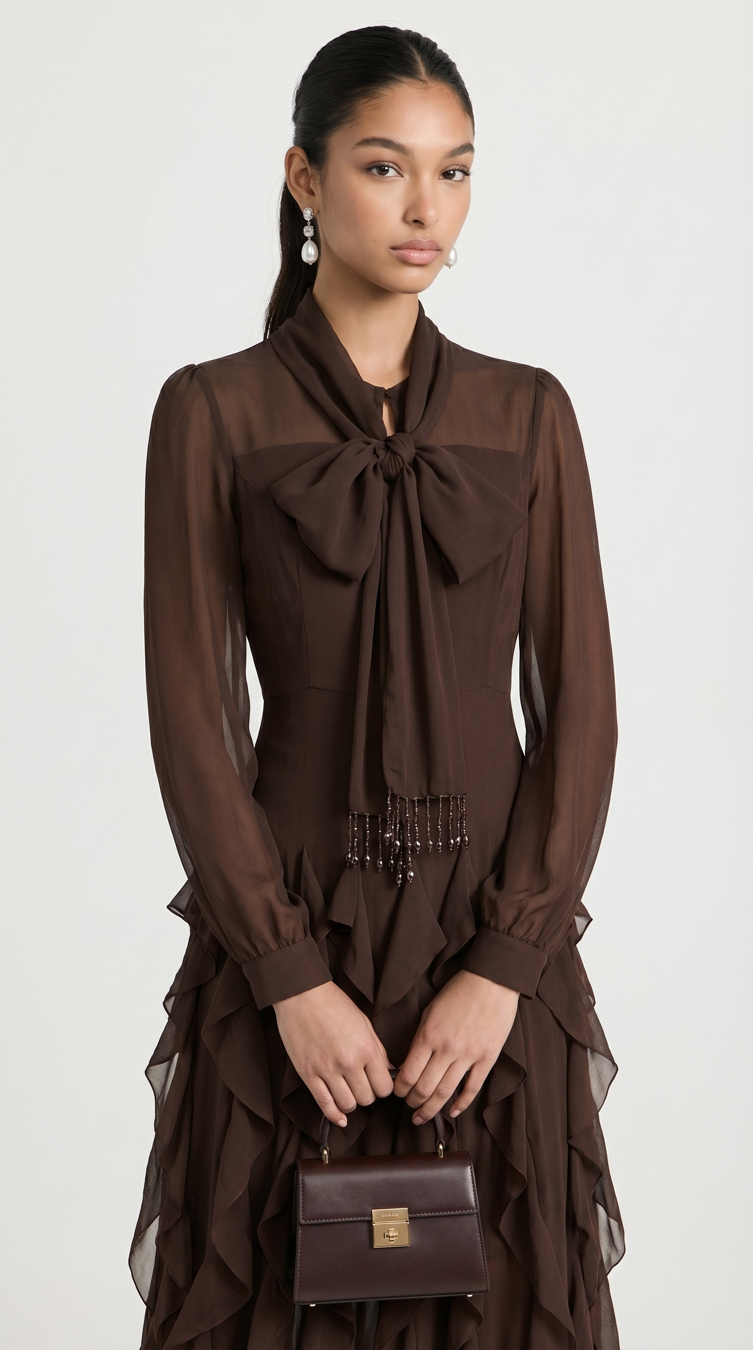 Zola - Tiered Ruffle Pussy-Bow Maxi Dress Brown