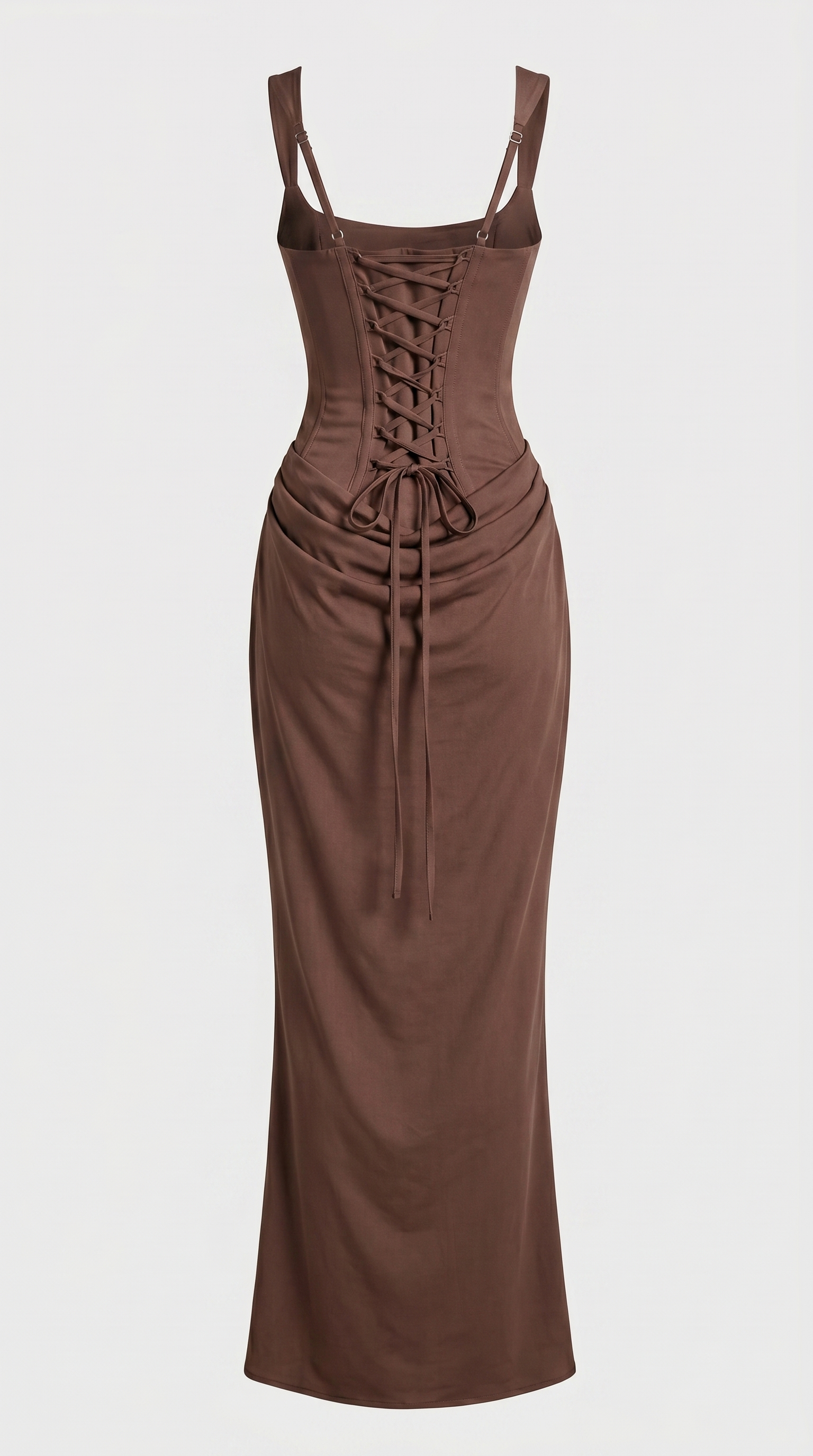 Aveline - Sculptural Fishbone Draped Maxi Dress Brown