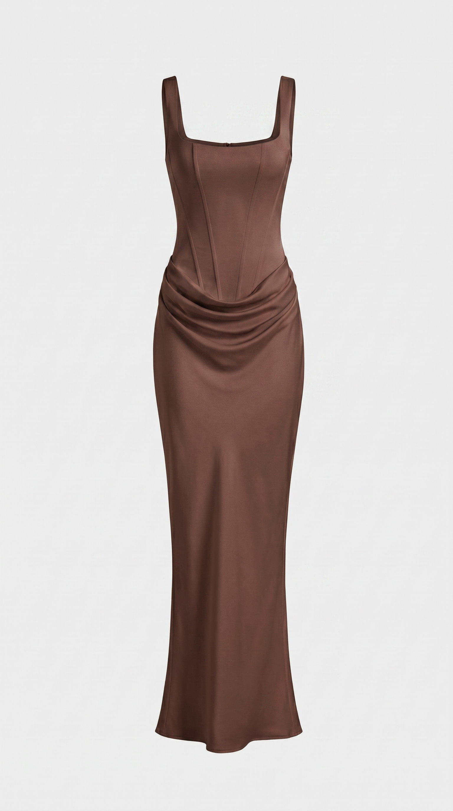 Aveline - Sculptural Fishbone Draped Maxi Dress Brown