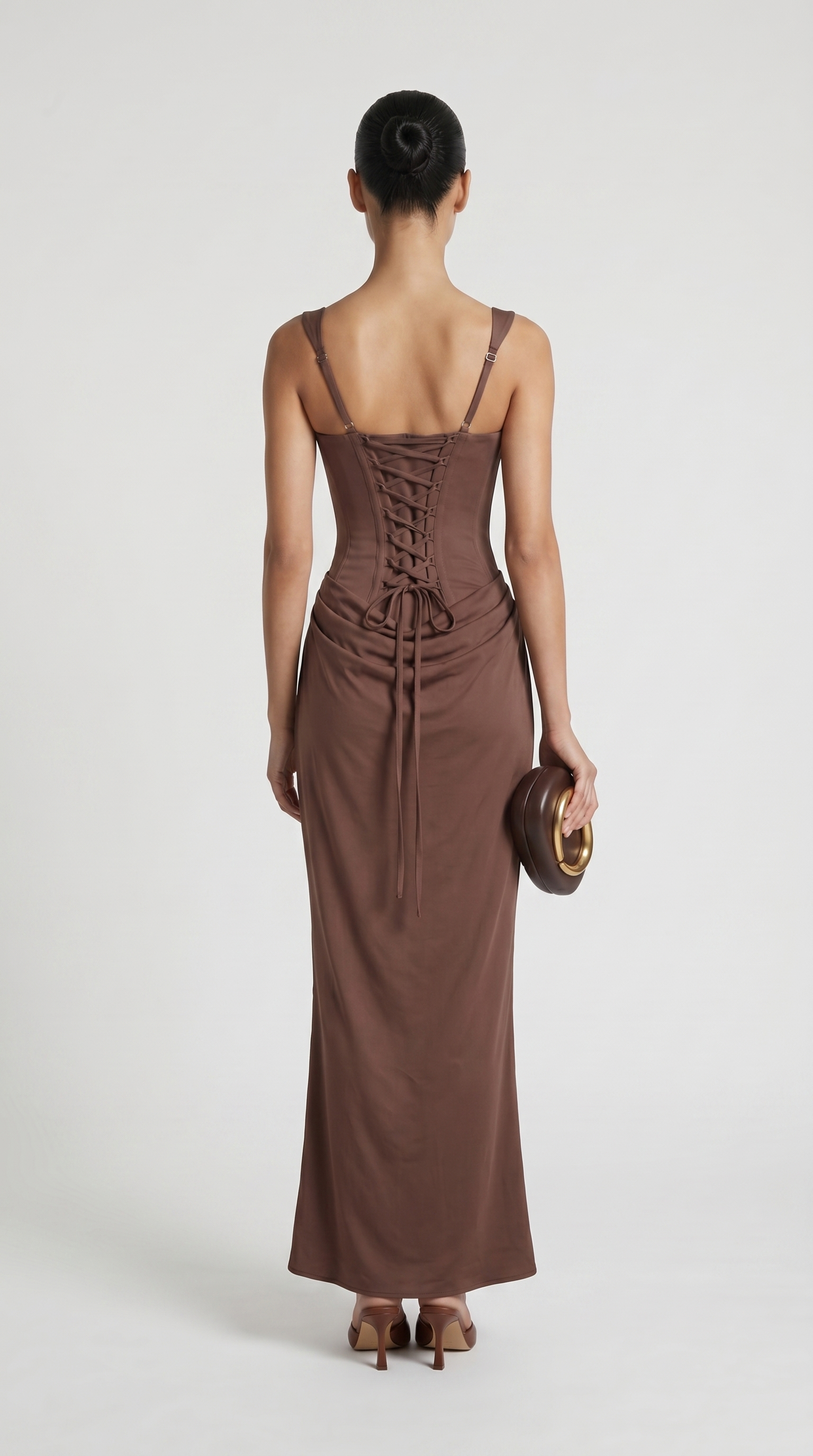 Aveline - Sculptural Fishbone Draped Maxi Dress Brown