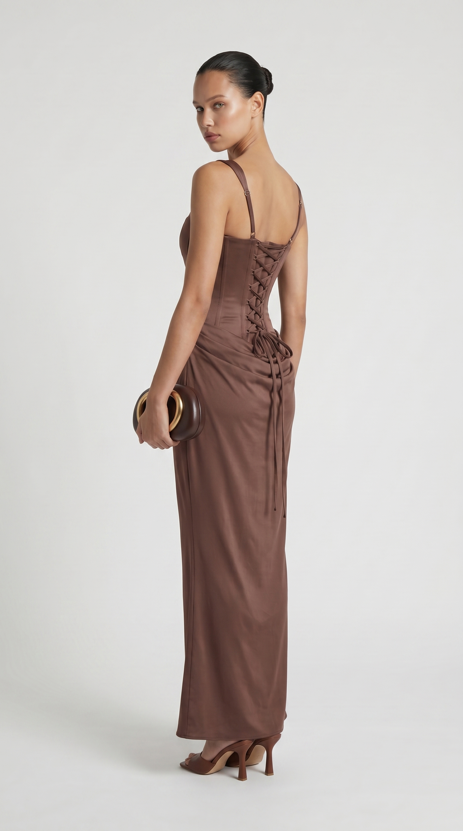 Aveline - Sculptural Fishbone Draped Maxi Dress Brown