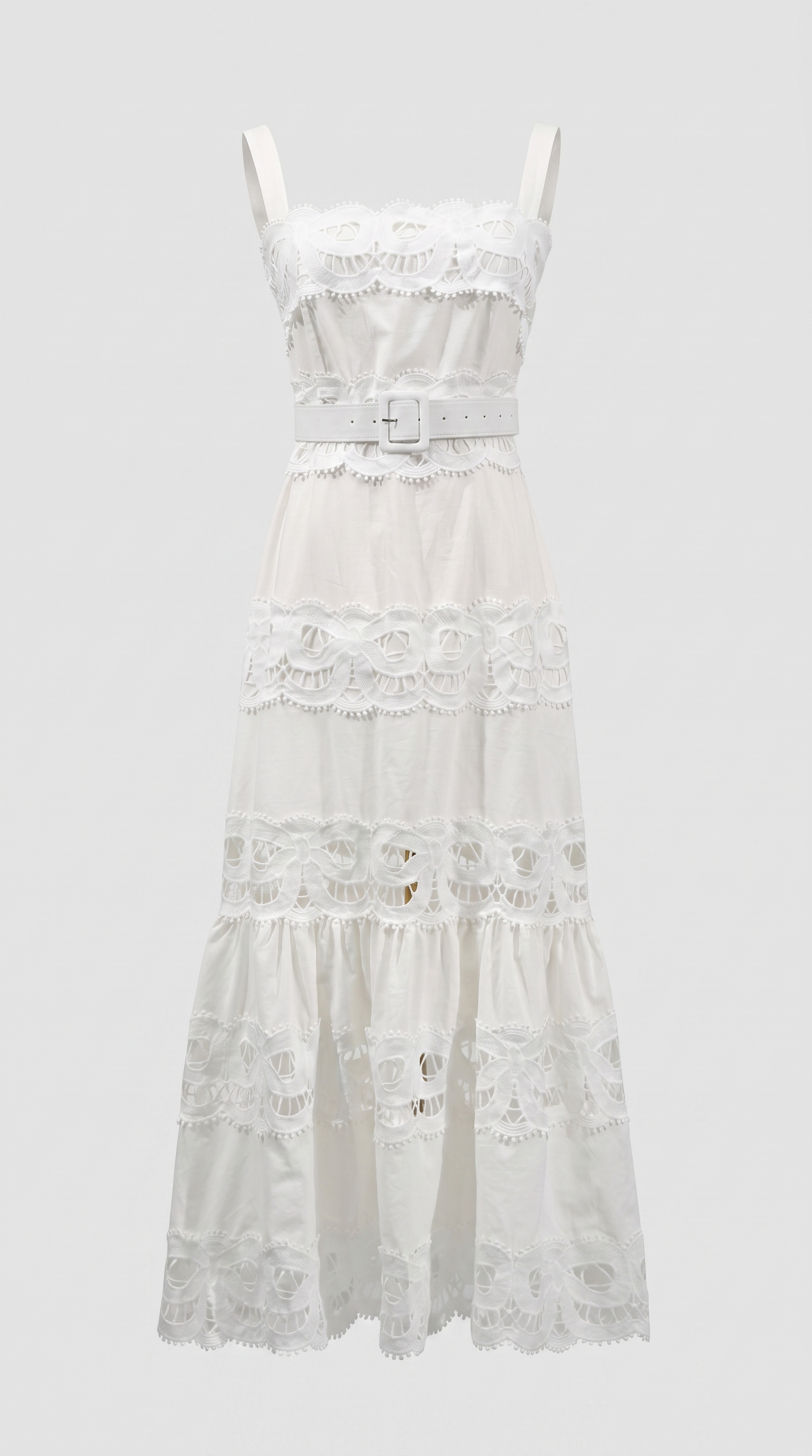 Seda - Belted Eyelet Lace Maxi Dress White