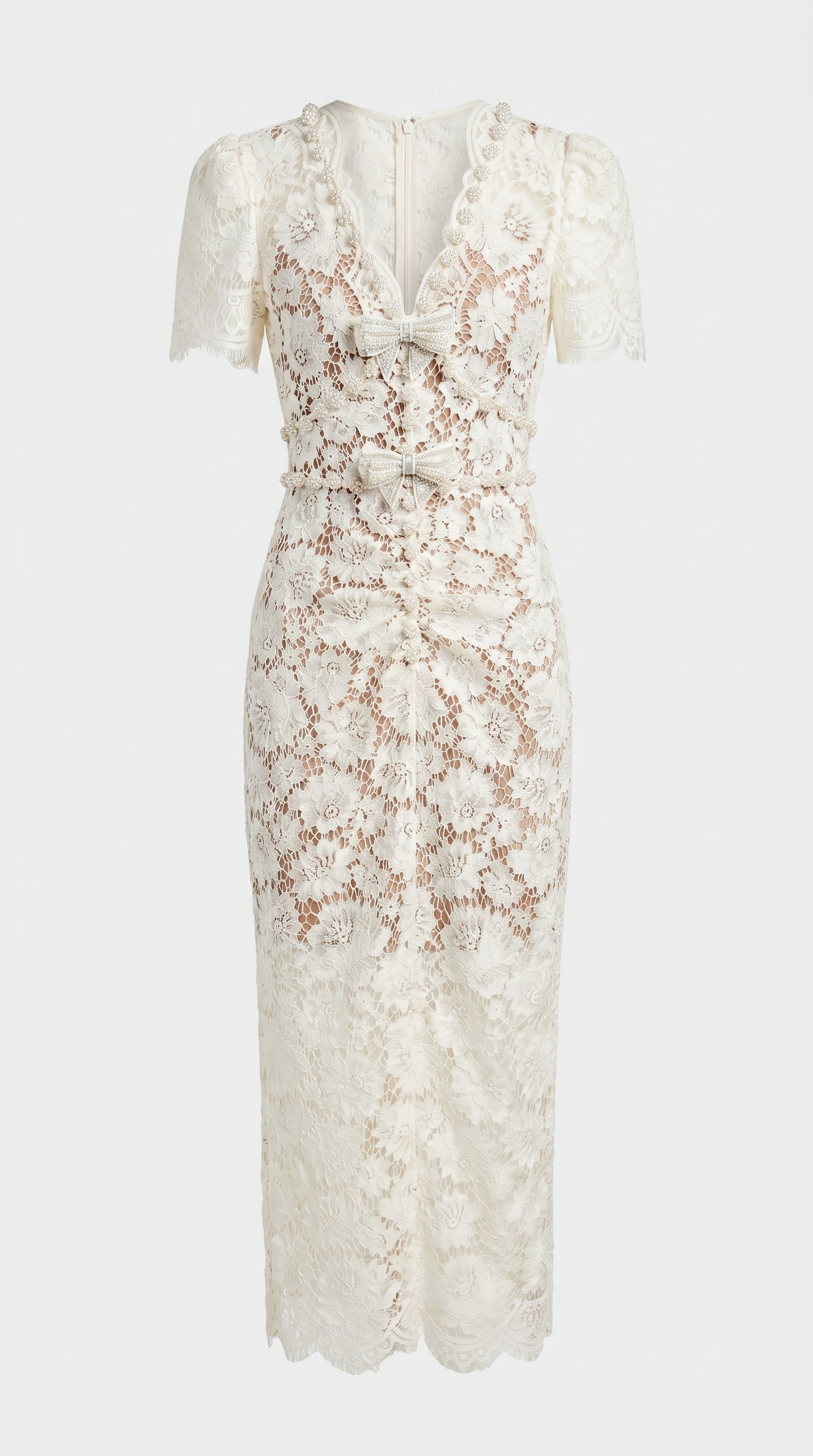 Gaya - Crystal Bow Floral Lace Midi Dress