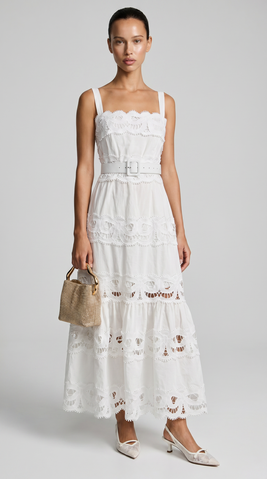 Seda - Belted Eyelet Lace Maxi Dress White