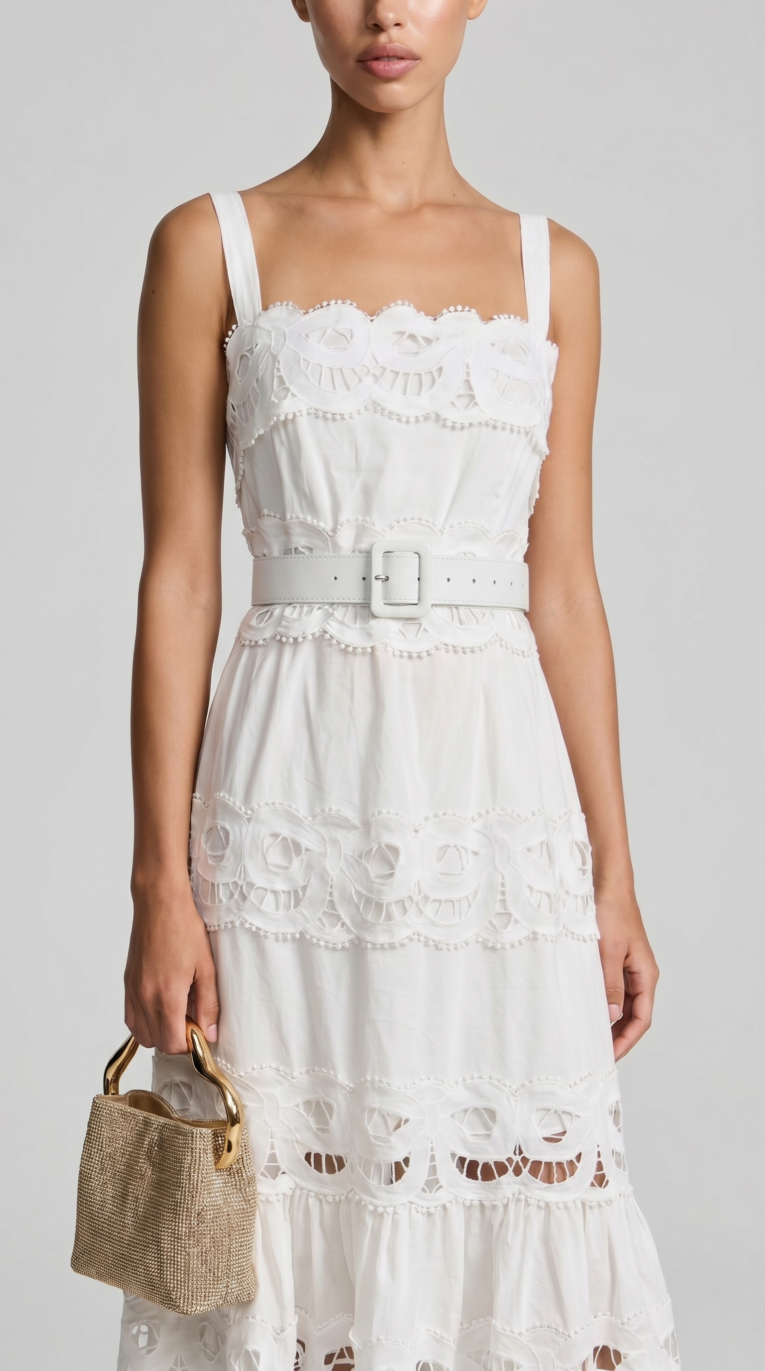 Seda - Belted Eyelet Lace Maxi Dress White