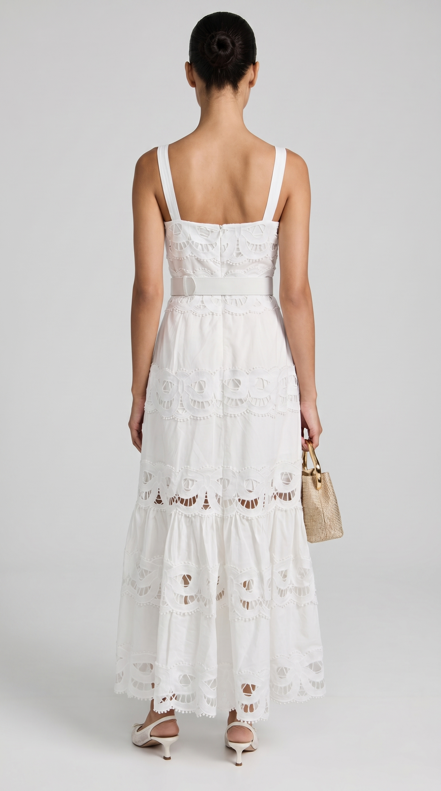 Seda - Belted Eyelet Lace Maxi Dress White