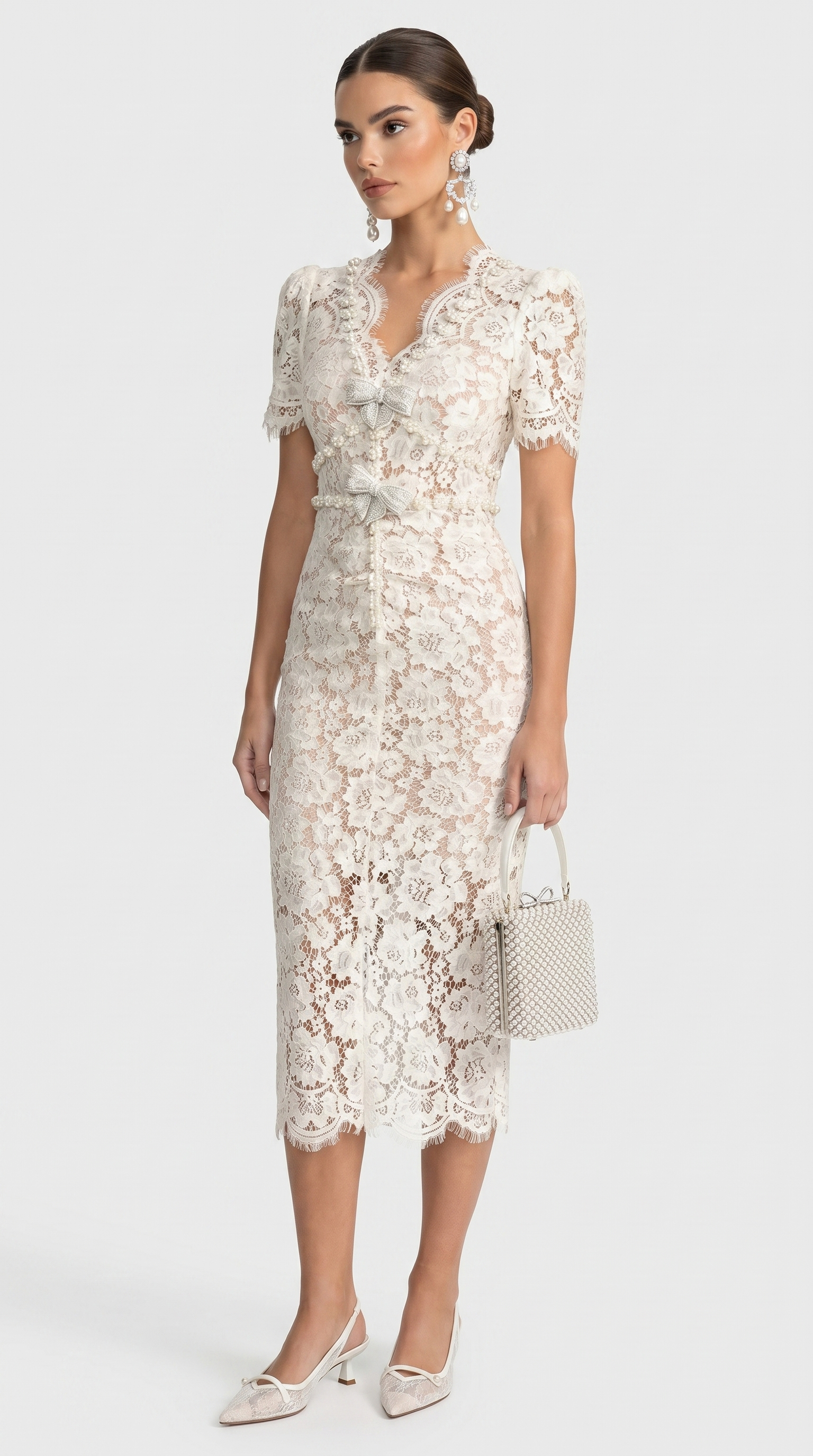 Gaya - Crystal Bow Floral Lace Midi Dress