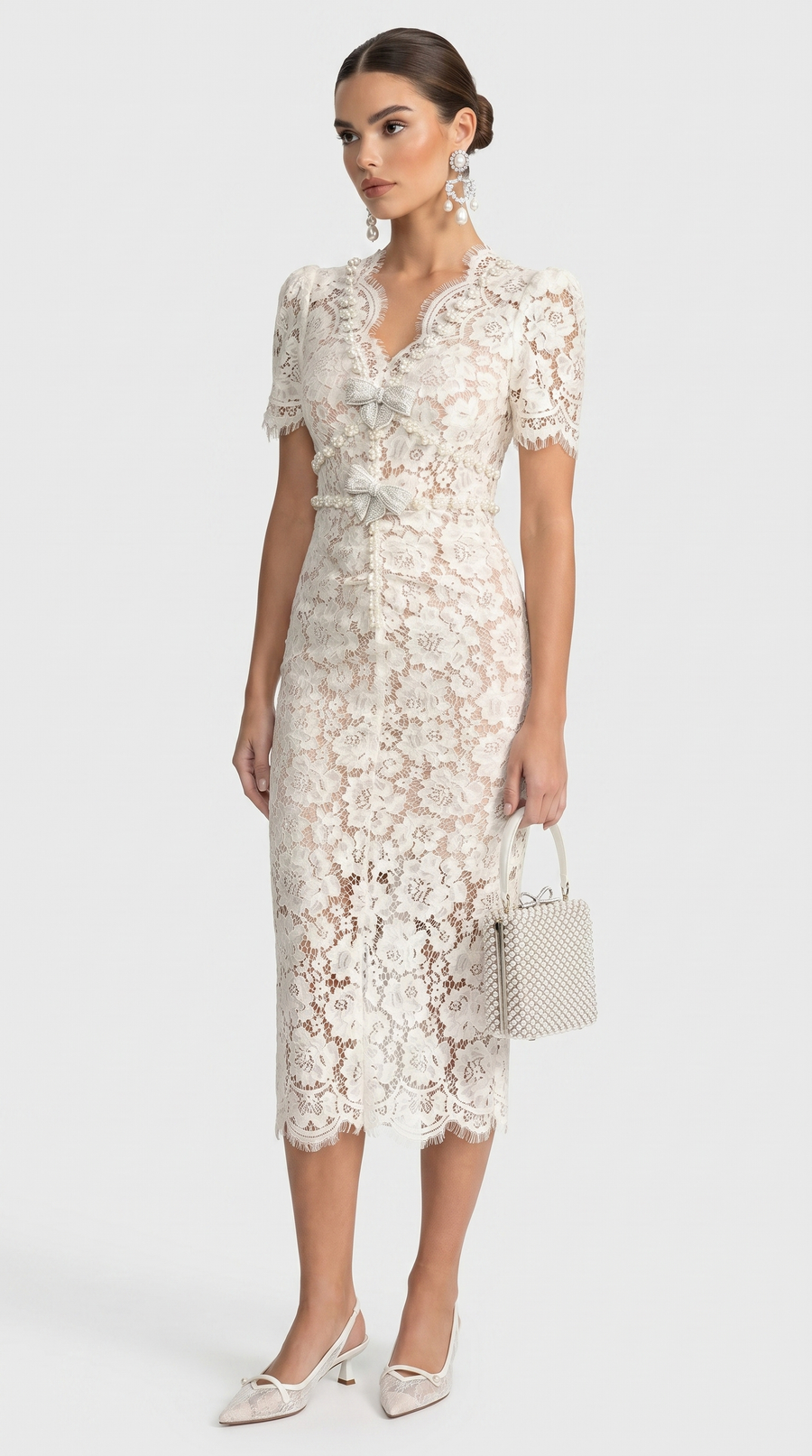 Gaya - Crystal Bow Floral Lace Midi Dress
