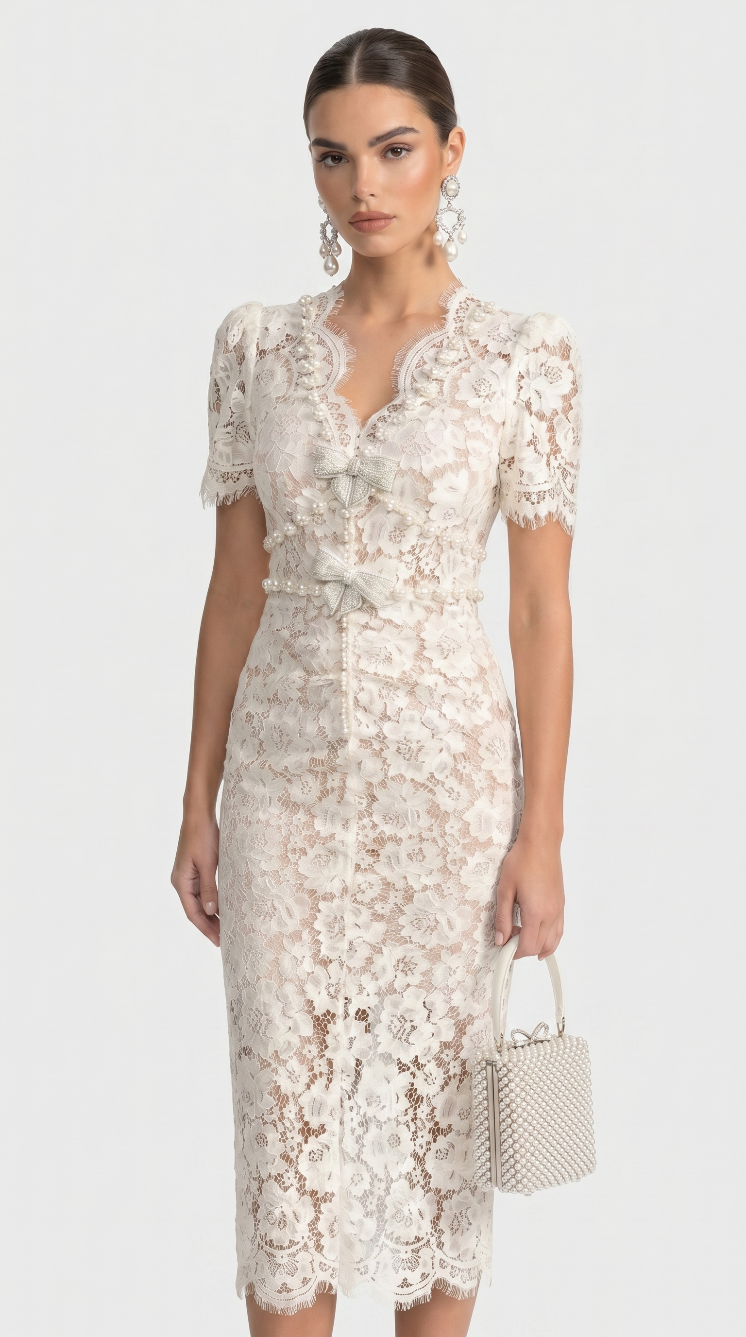 Gaya - Crystal Bow Floral Lace Midi Dress