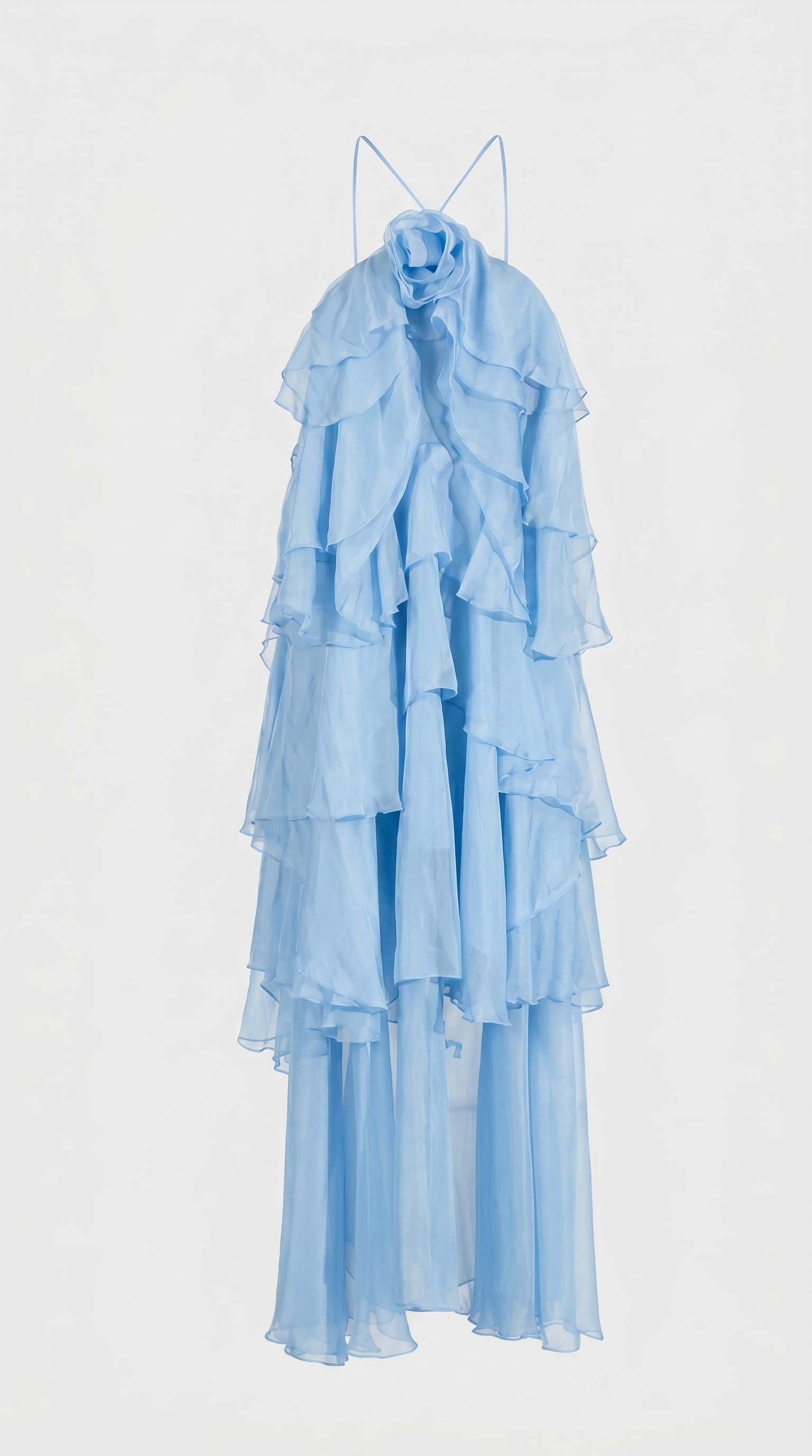 Zeli - Tiered Ruffle Halter Maxi Dress Baby Blue