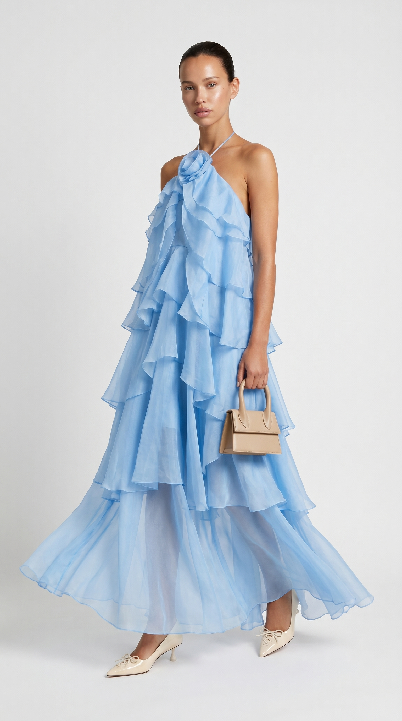 Zeli - Tiered Ruffle Halter Maxi Dress Baby Blue