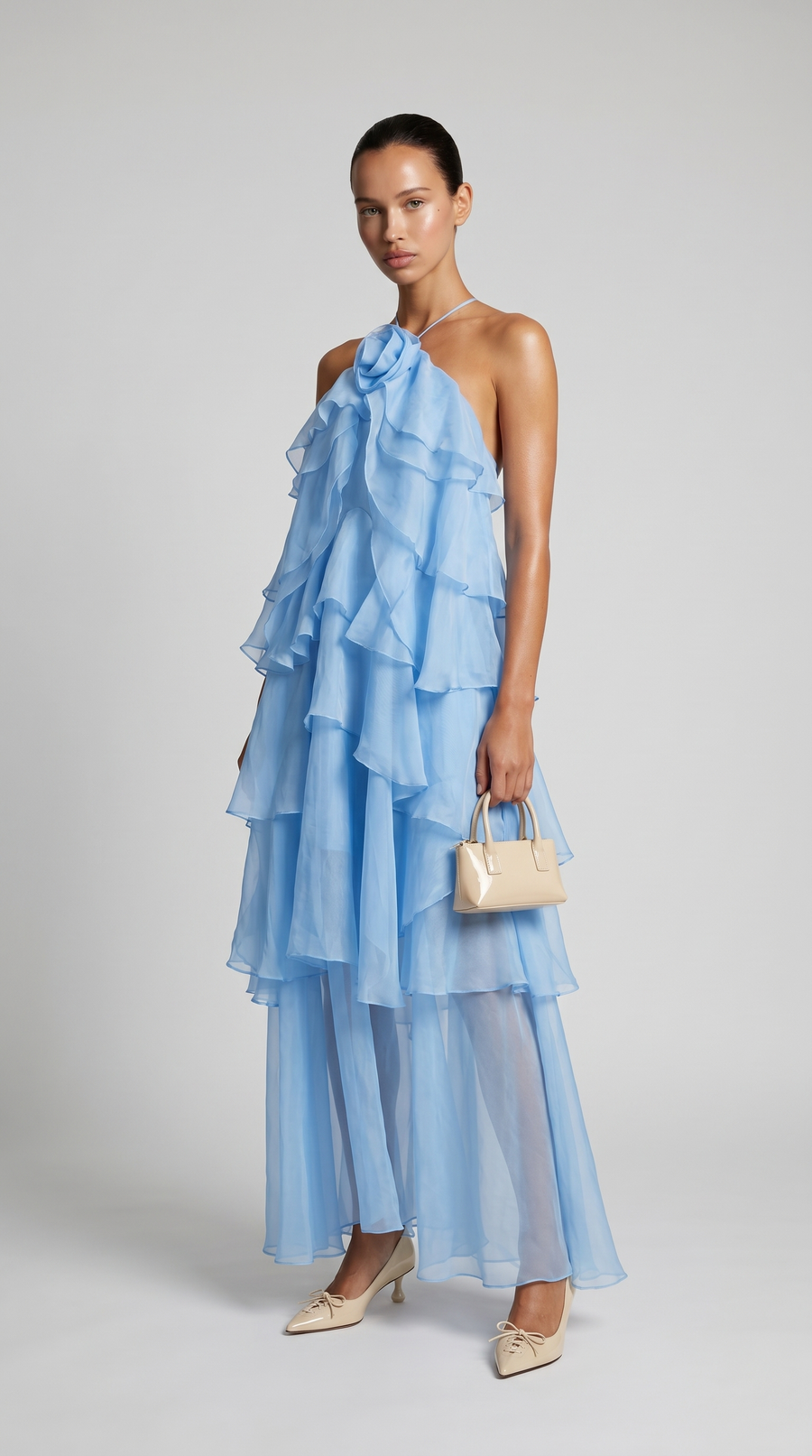 Zeli - Tiered Ruffle Halter Maxi Dress Baby Blue