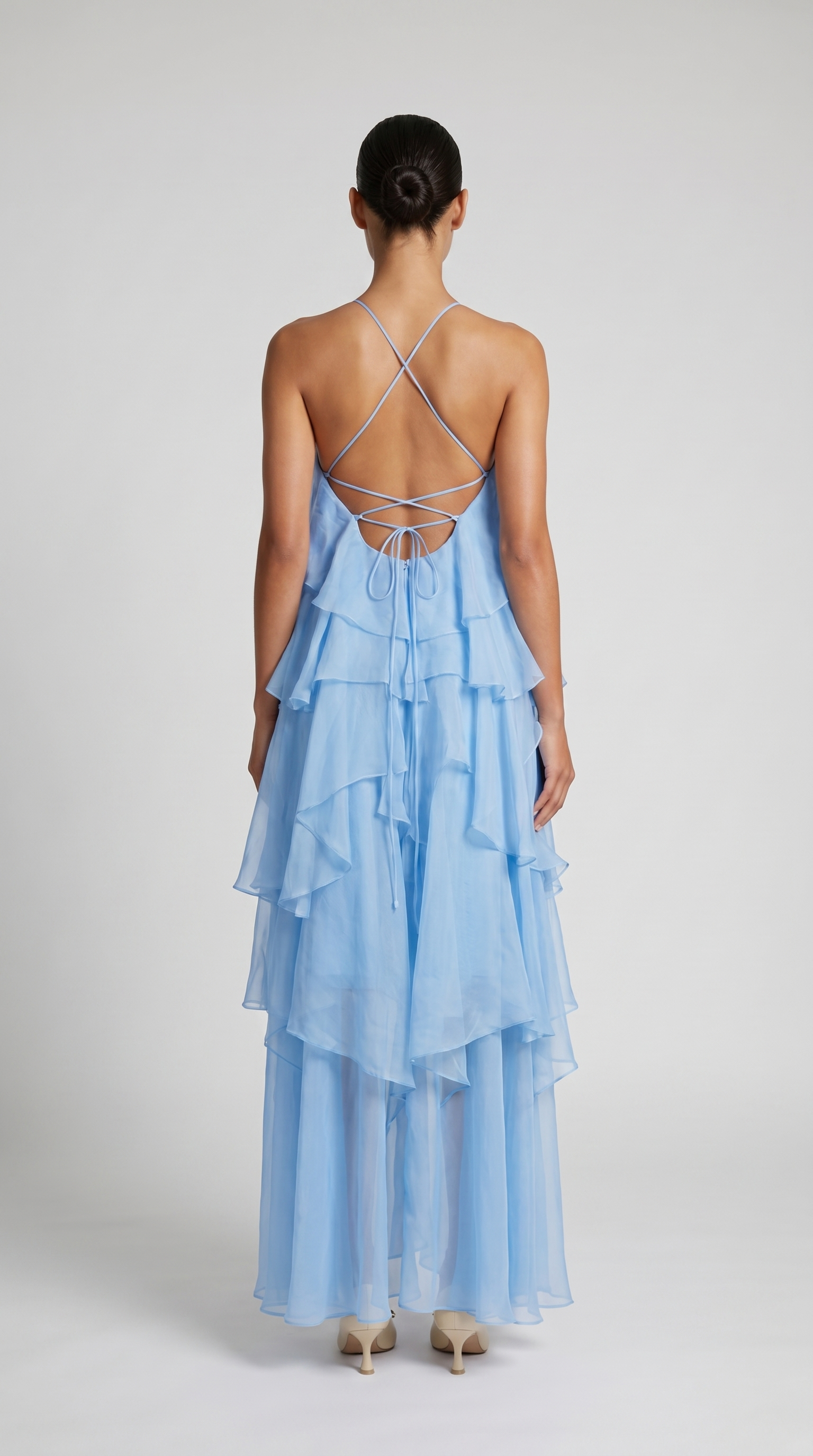 Zeli - Tiered Ruffle Halter Maxi Dress Baby Blue