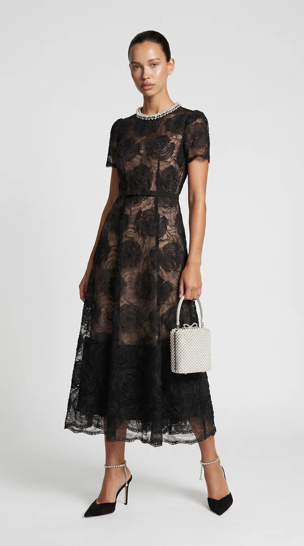 Tula - Rose Lace Maxi Dress with Crystal Neckline Pink