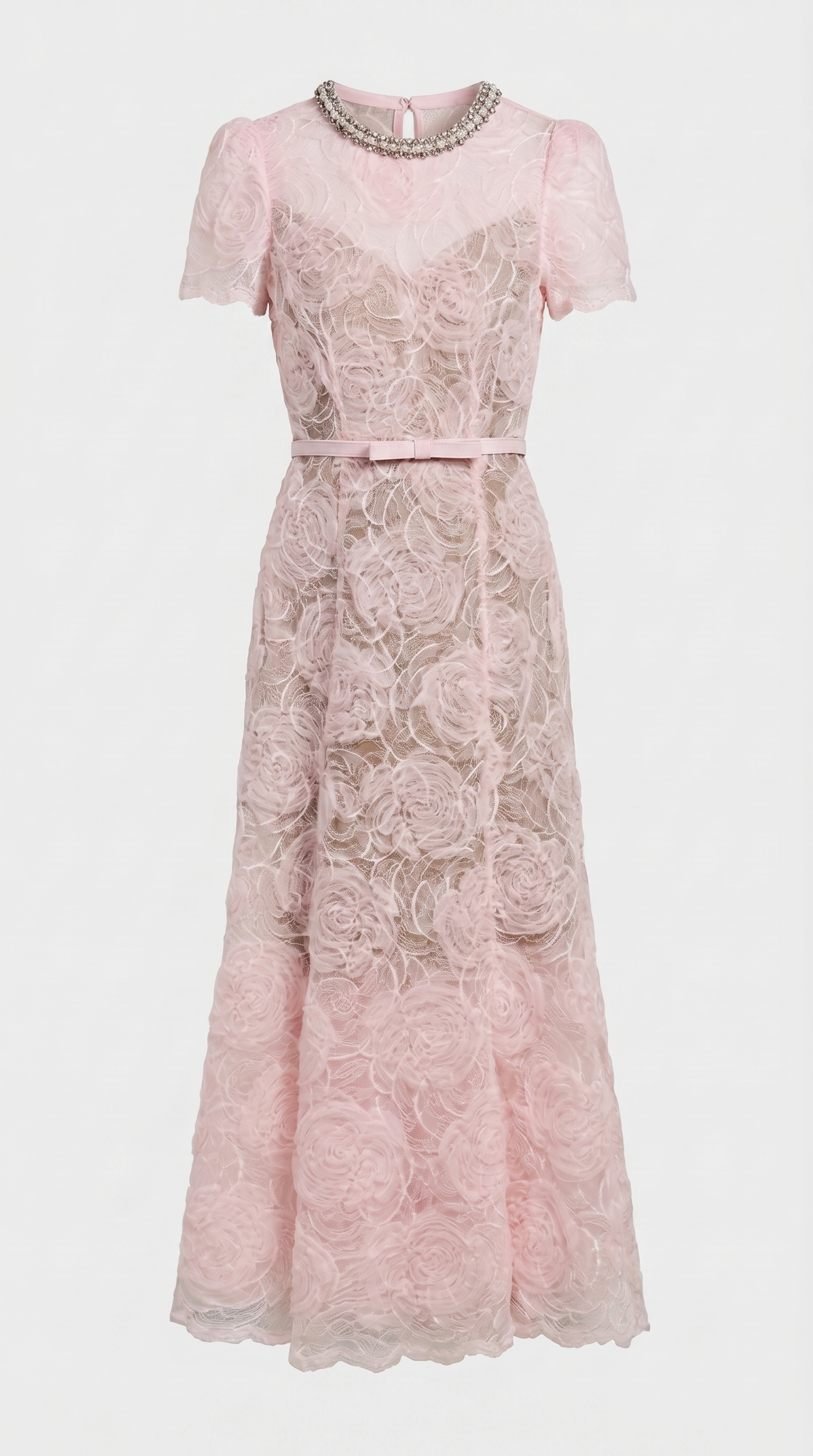 Tula - Rose Lace Maxi Dress with Crystal Neckline Pink