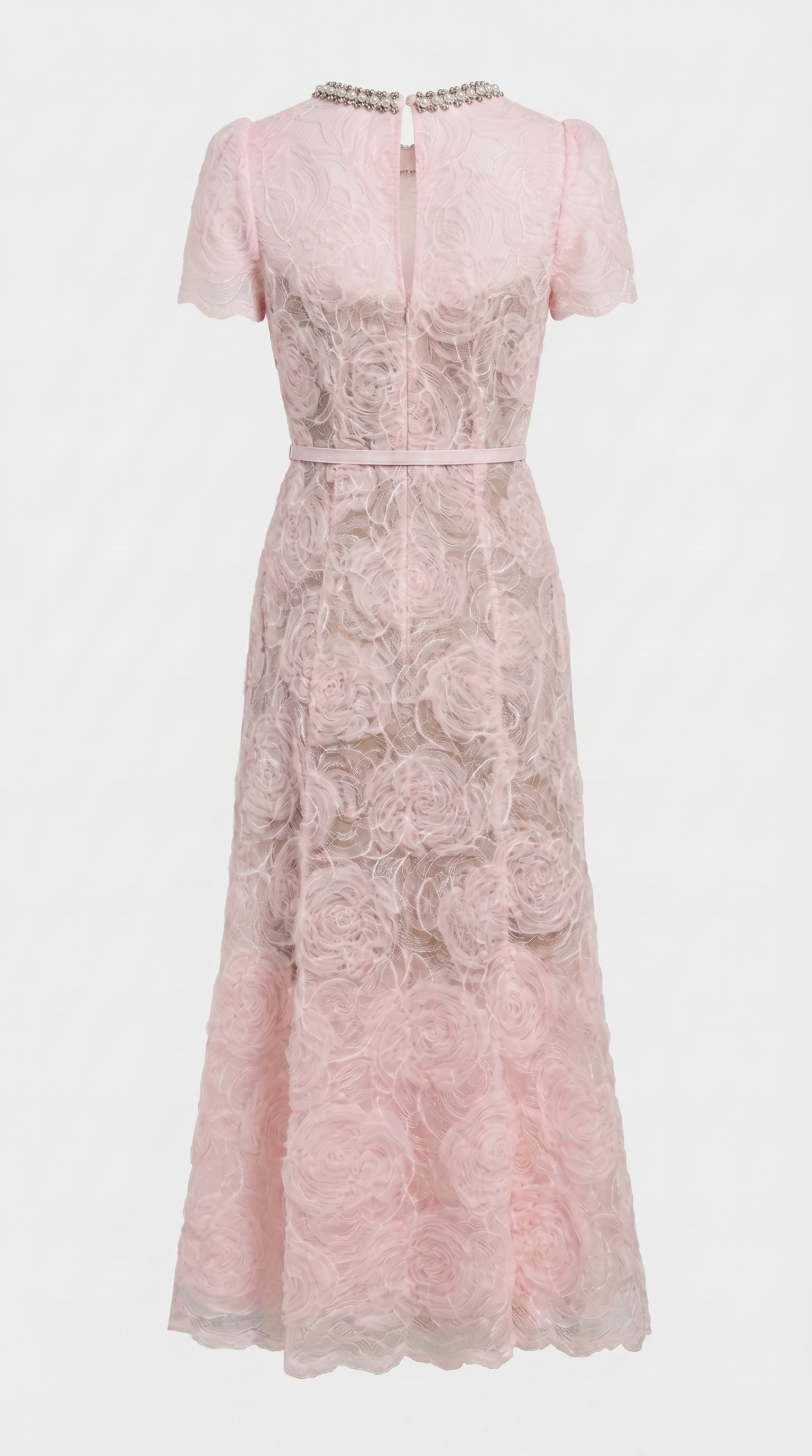 Tula - Rose Lace Maxi Dress with Crystal Neckline Pink