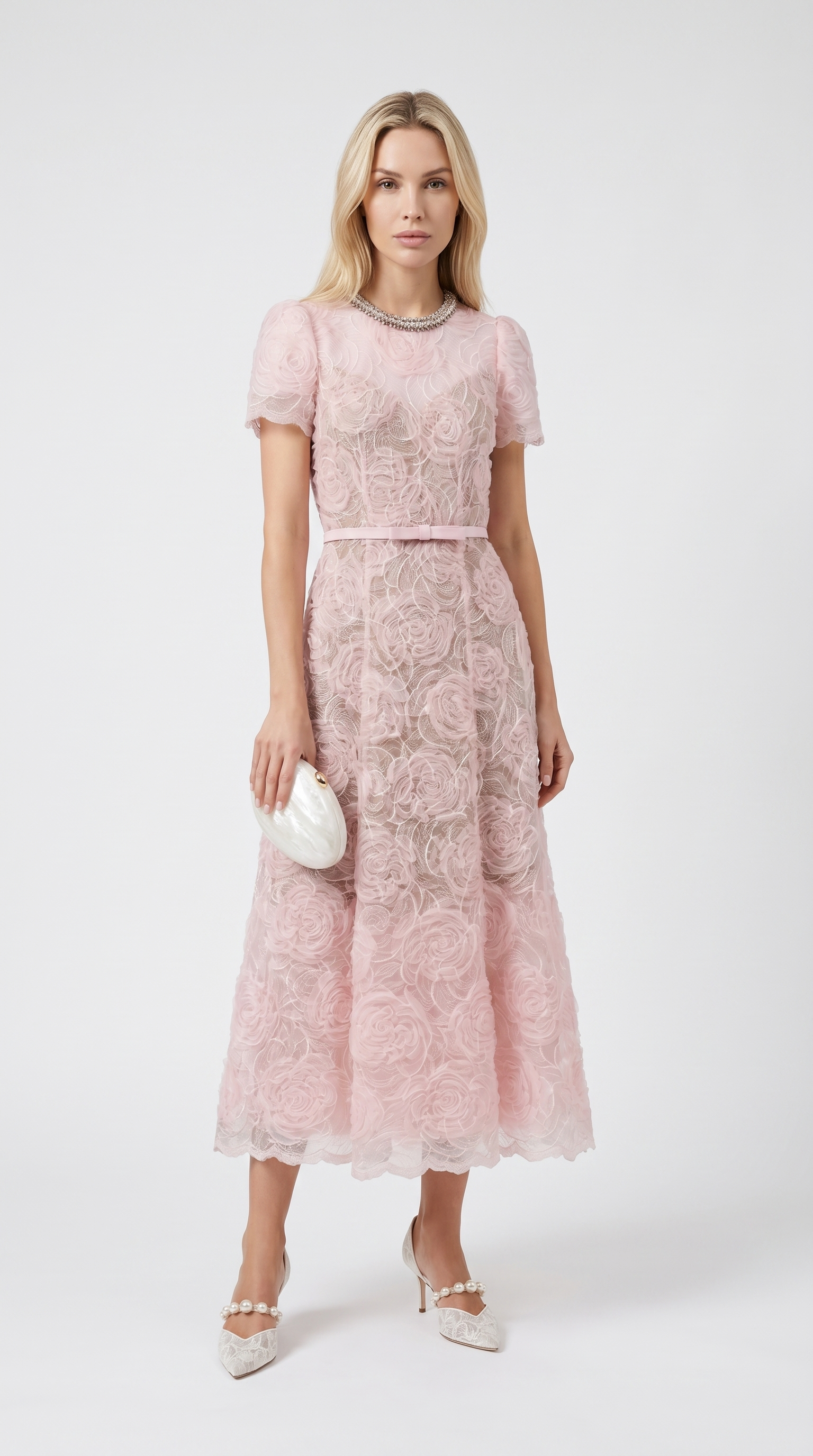 Tula - Rose Lace Maxi Dress with Crystal Neckline Pink