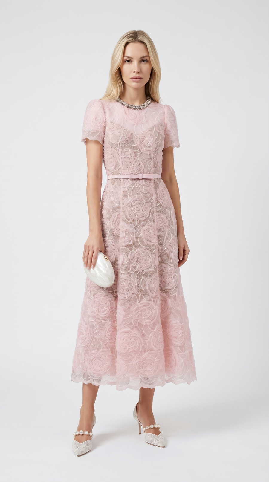 Tula - Rose Lace Maxi Dress with Crystal Neckline Pink