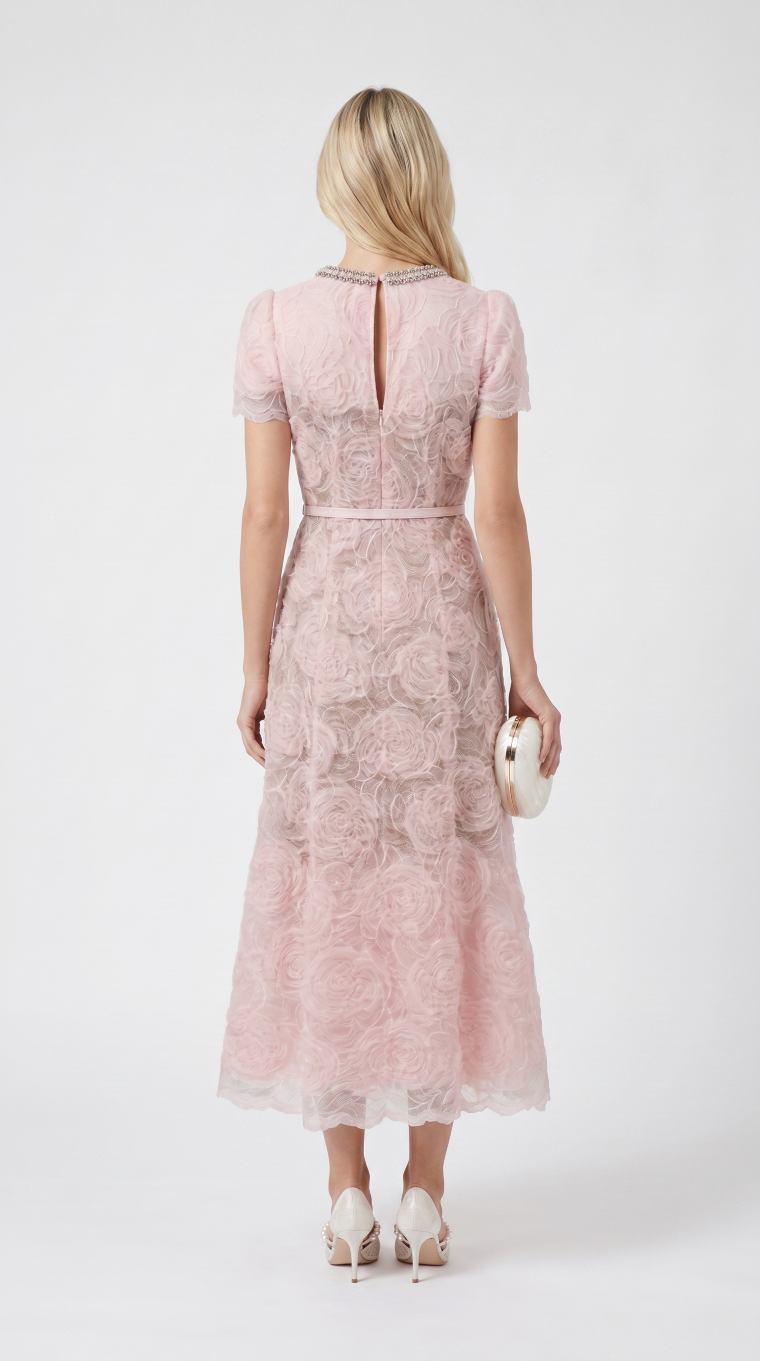 Tula - Rose Lace Maxi Dress with Crystal Neckline Pink