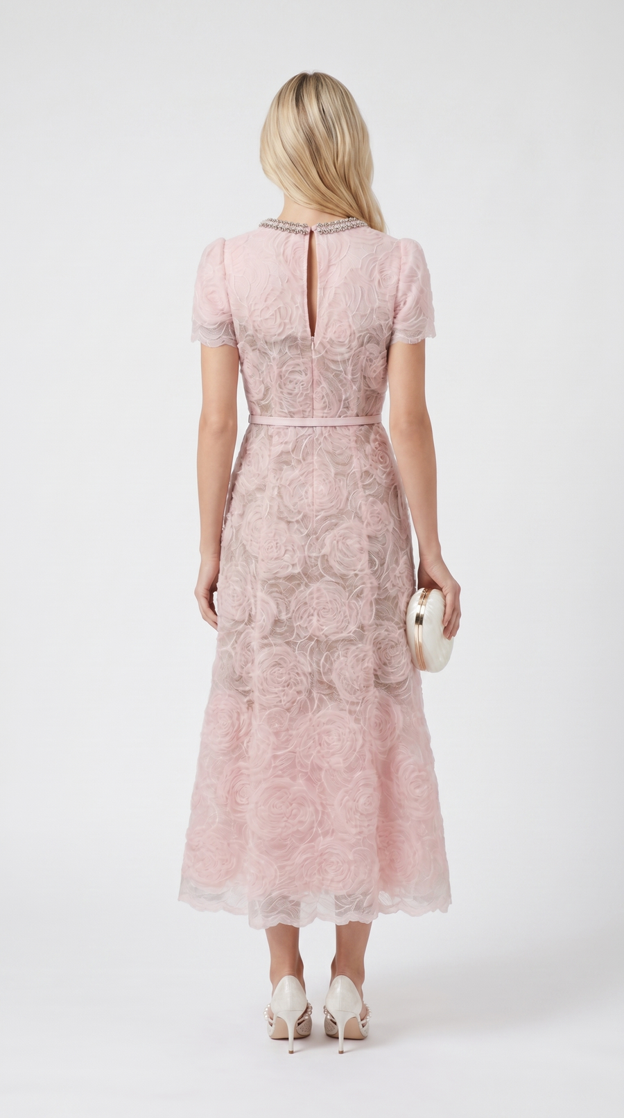 Tula - Rose Lace Maxi Dress with Crystal Neckline Pink