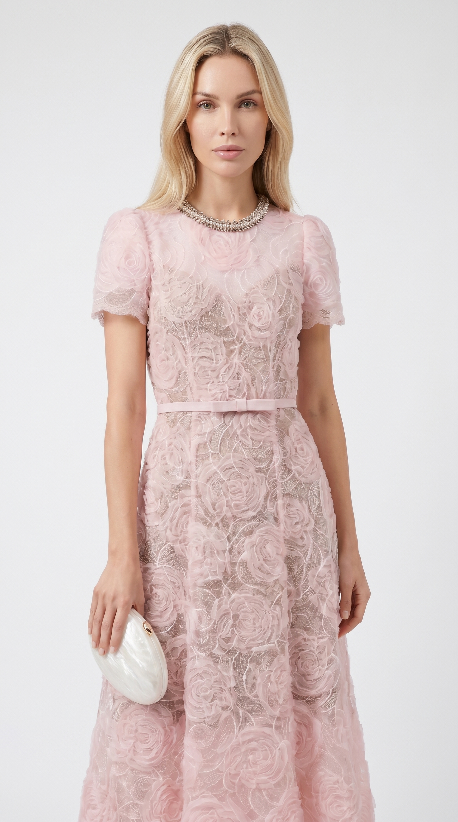 Tula - Rose Lace Maxi Dress with Crystal Neckline Pink