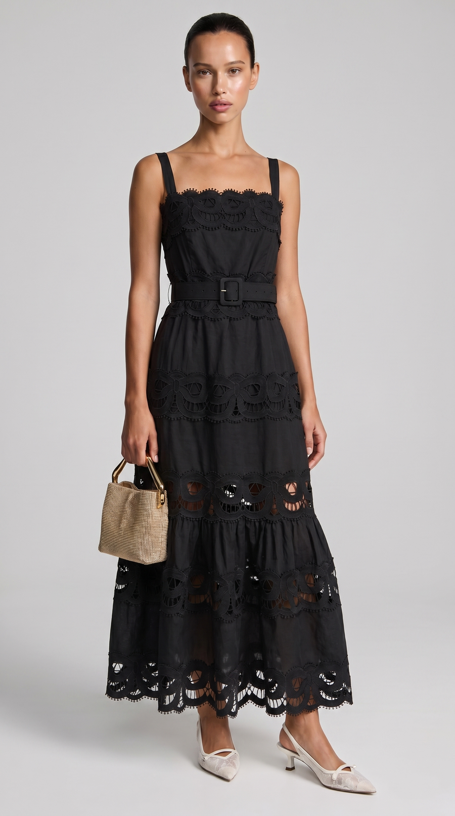 Seda - Belted Eyelet Lace Maxi Dress Black