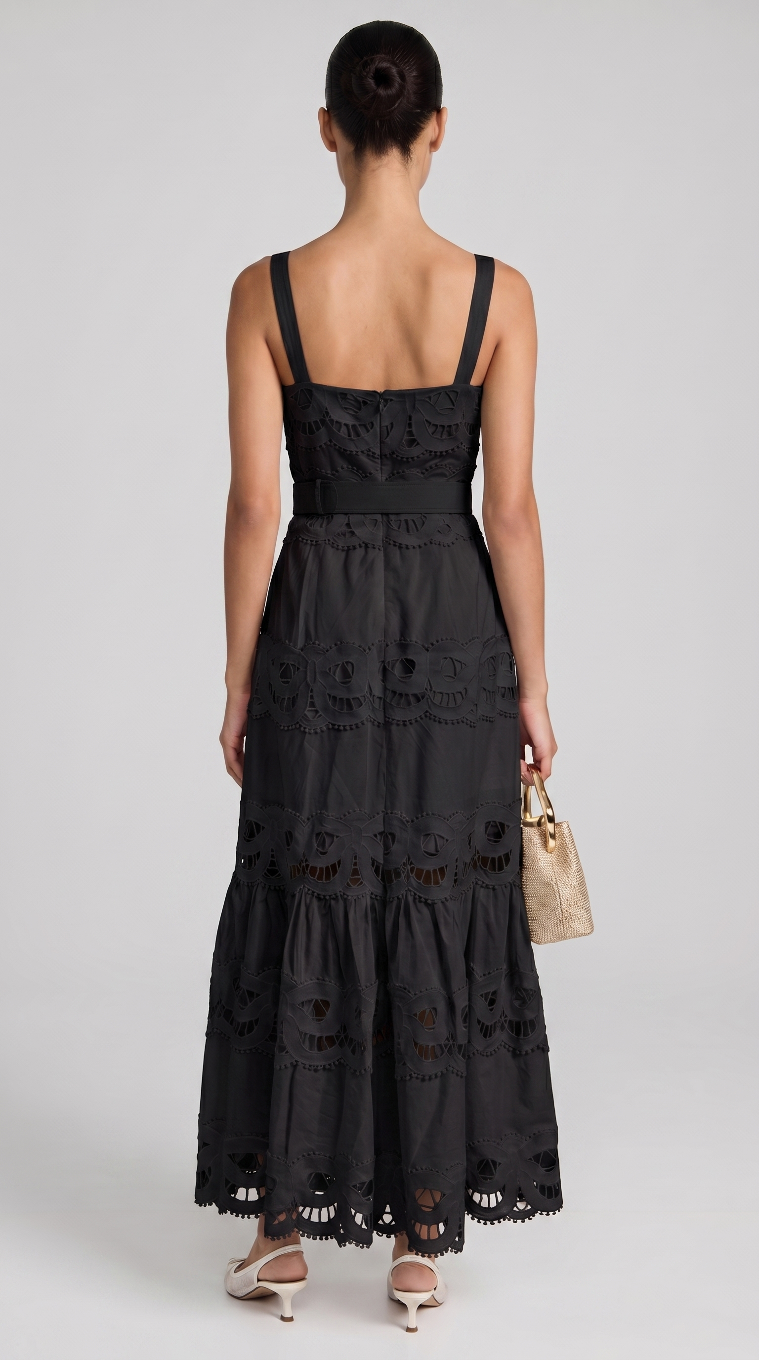 Seda - Belted Eyelet Lace Maxi Dress Black